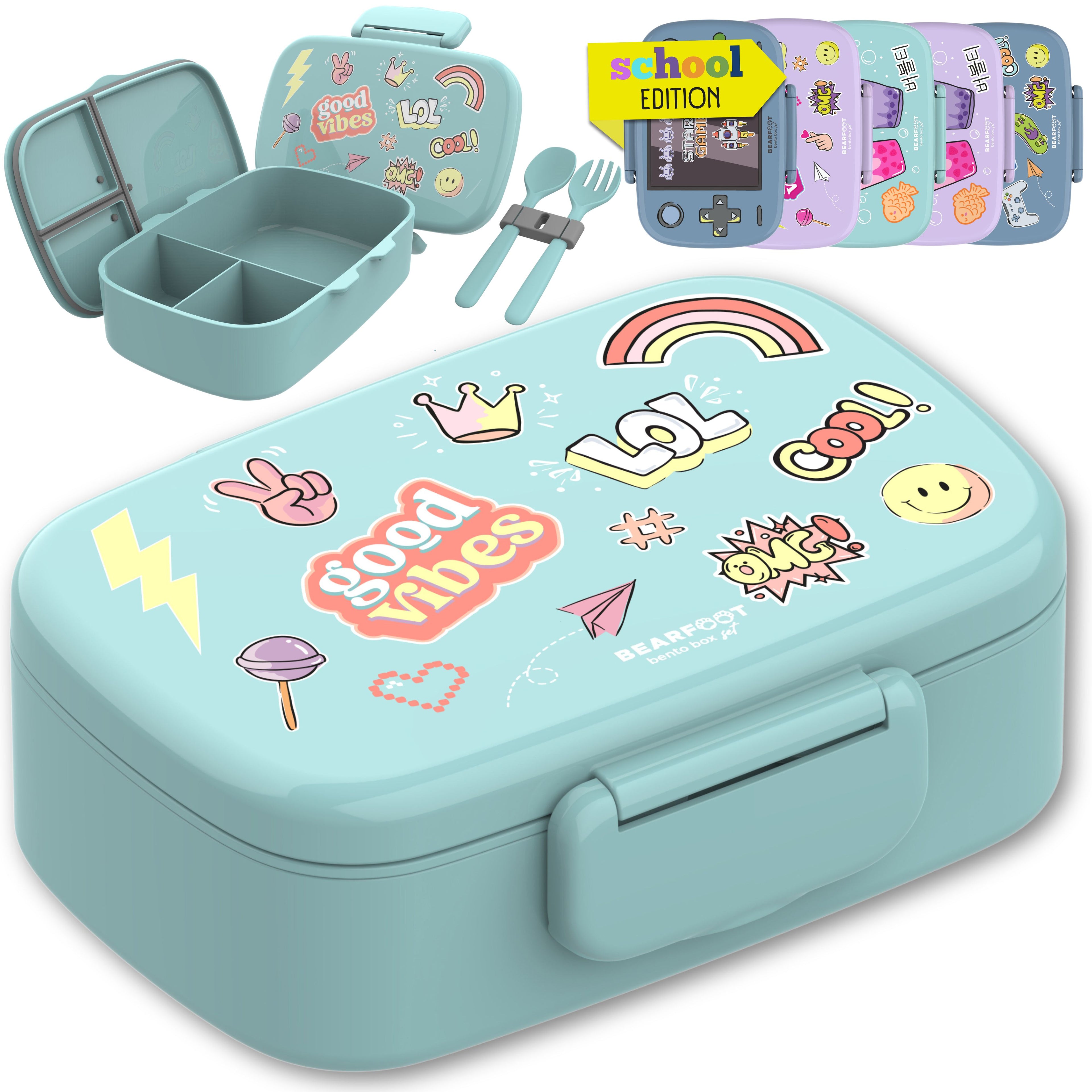 Brotdose Kinder mit Fächern, auslaufsicher - Sticker, mint