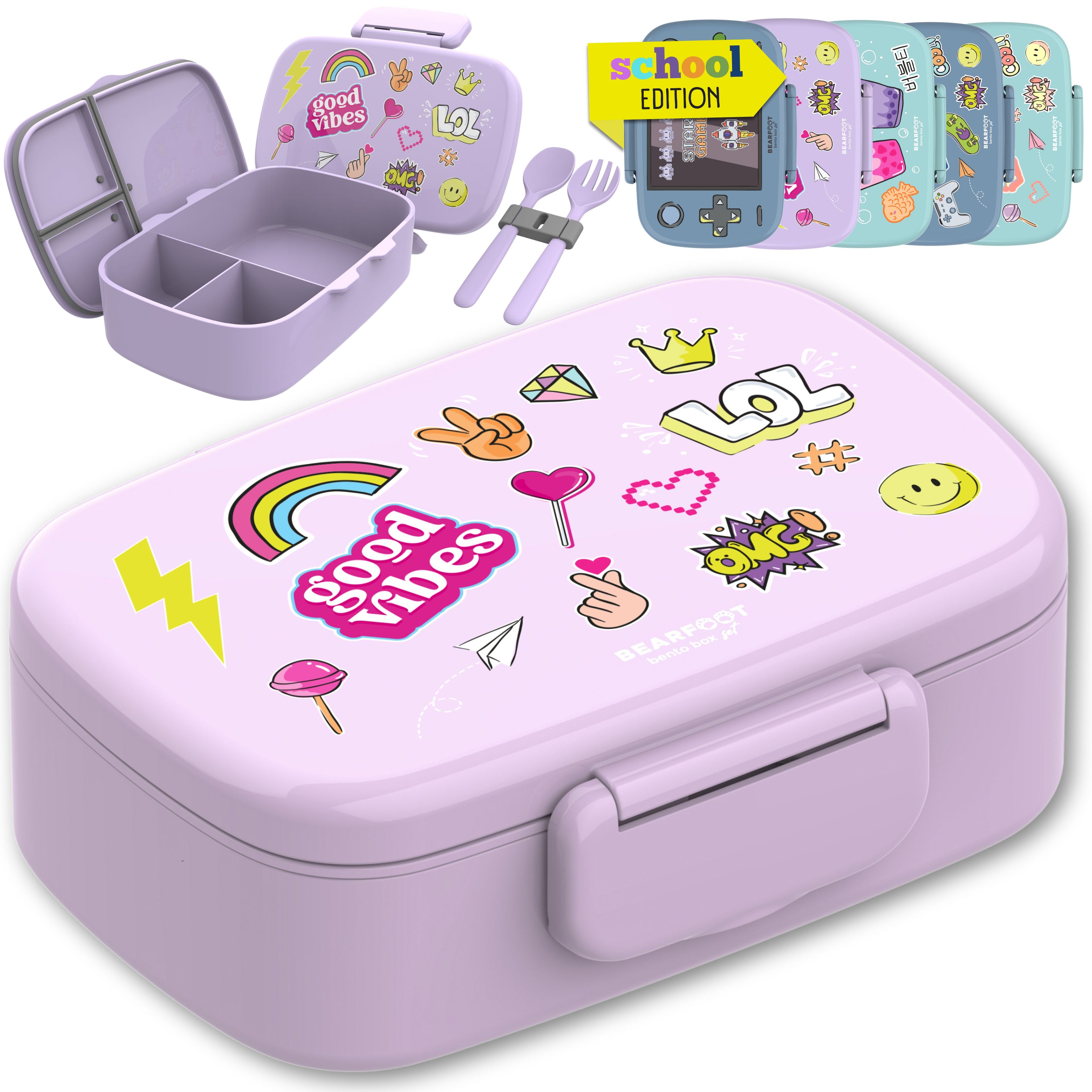 Brotdose Kinder mit Fächern, auslaufsicher - Sticker, lila