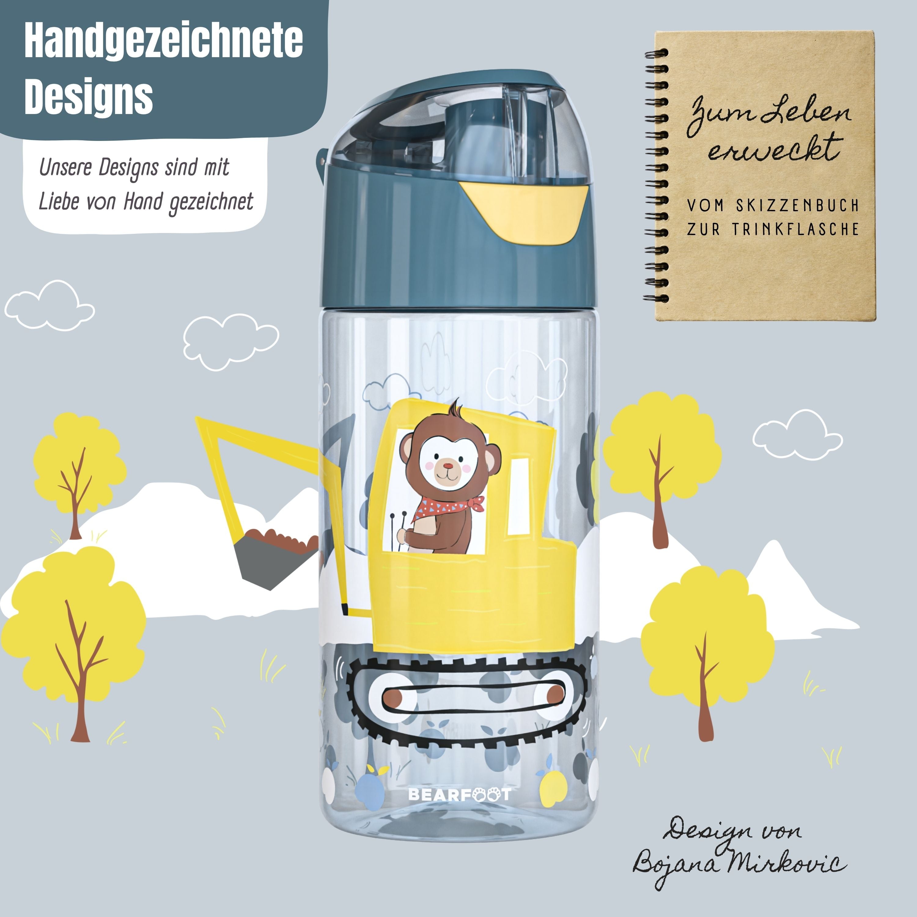 Trinkflasche Kinder, leichte Wasserflasche - Bagger & Affe