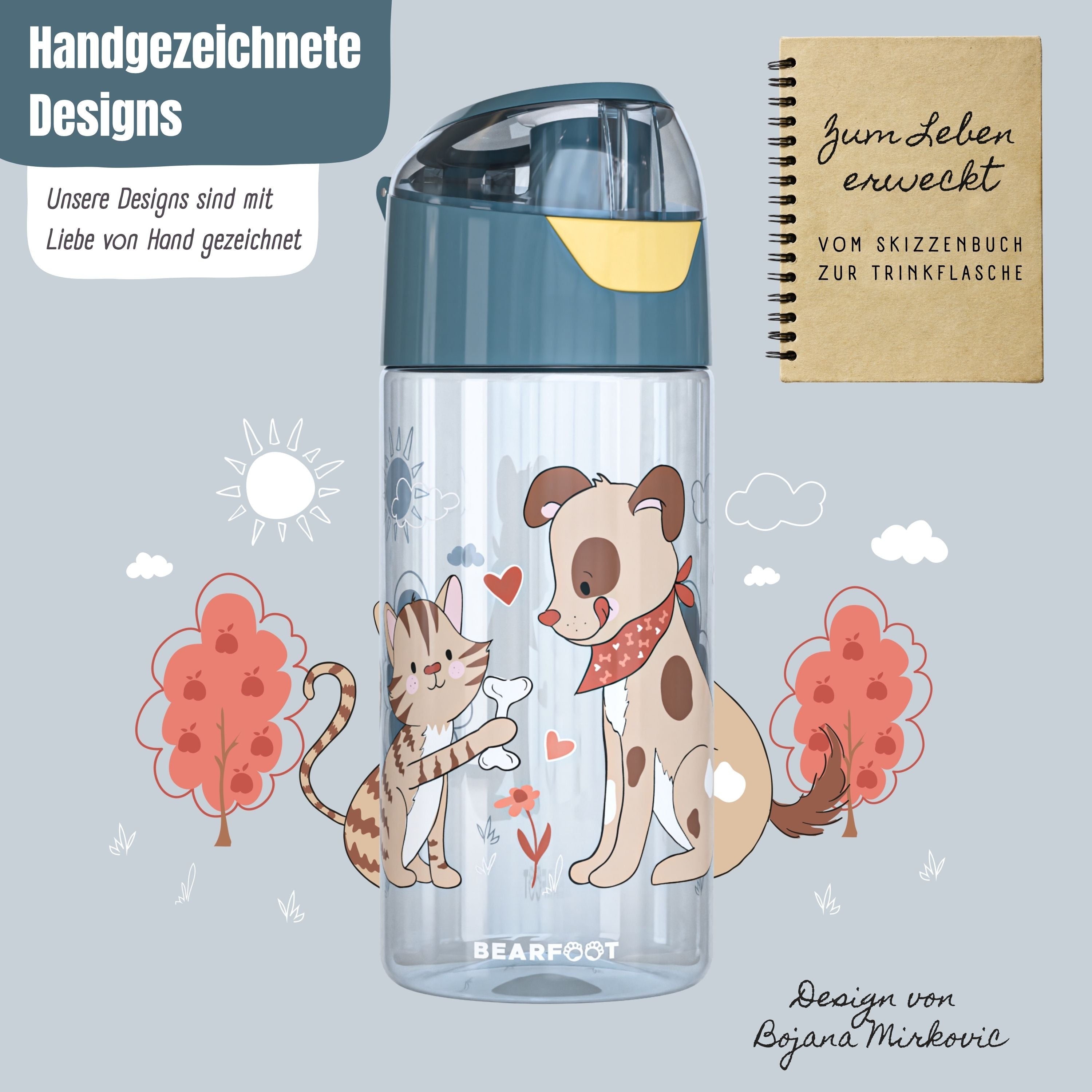 Botella para beber botella de agua ligera para niños - perro y gato azul