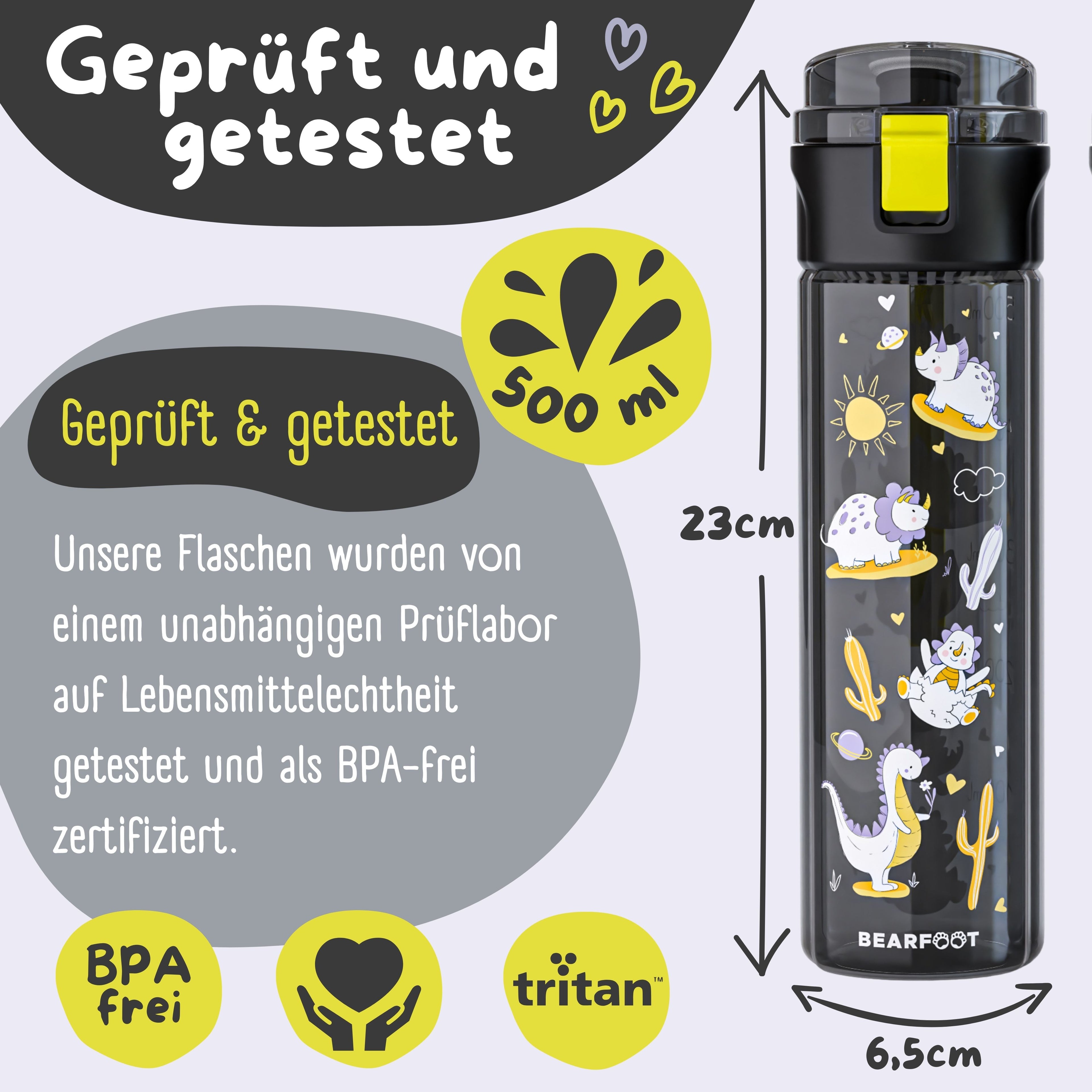 Børne drikkedunk, 500ml, lys - dinosaurer sort