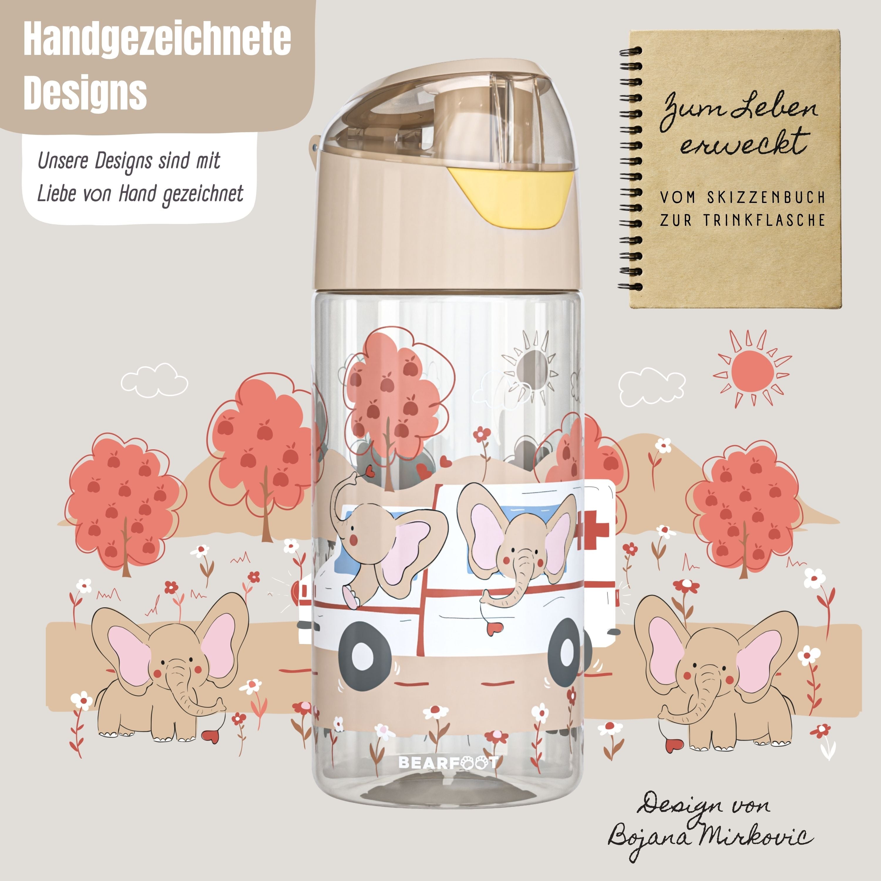 Trinkflasche Kinder, leichte Wasserflasche - Elefanten