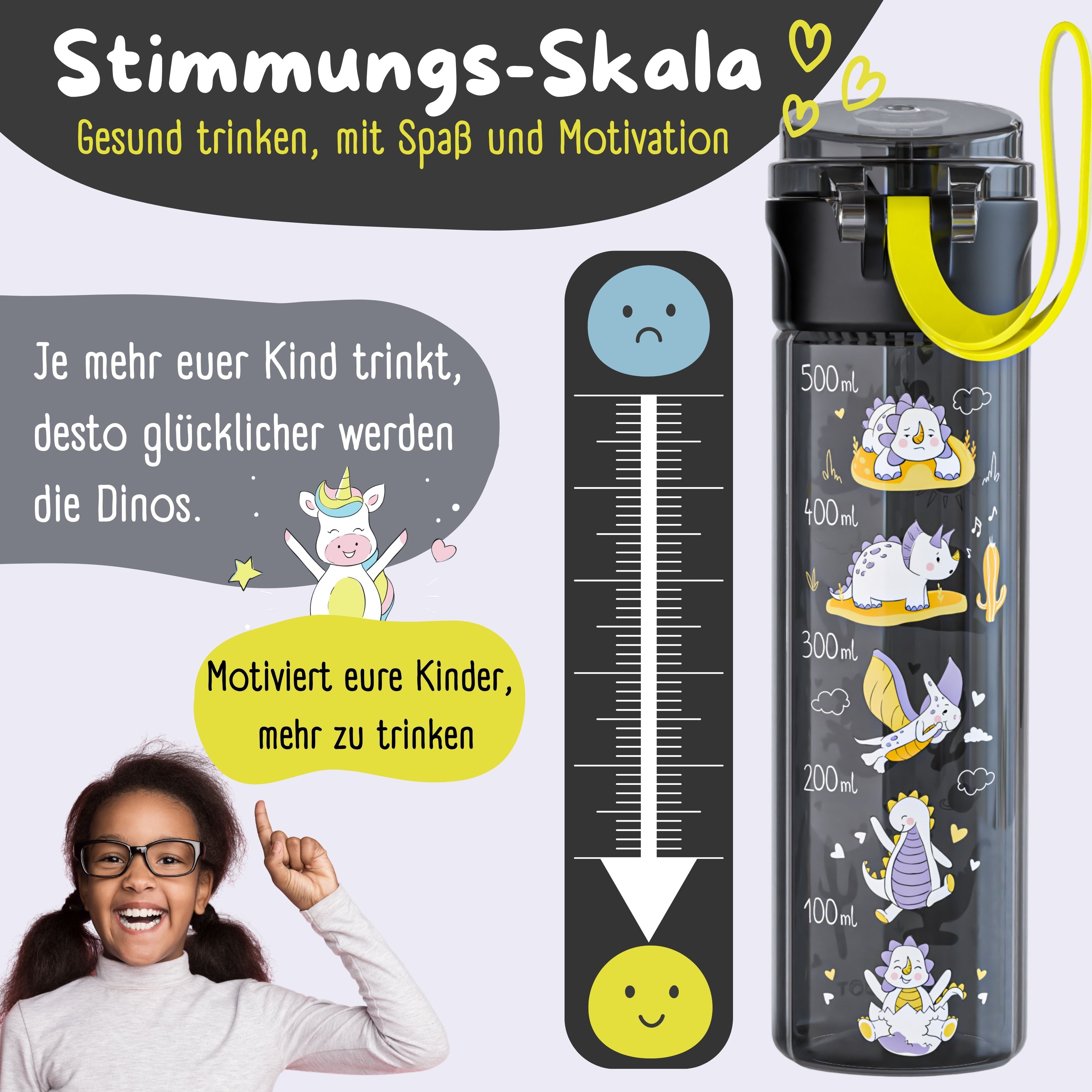 Børne drikkedunk, 500ml, lys - dinosaurer sort