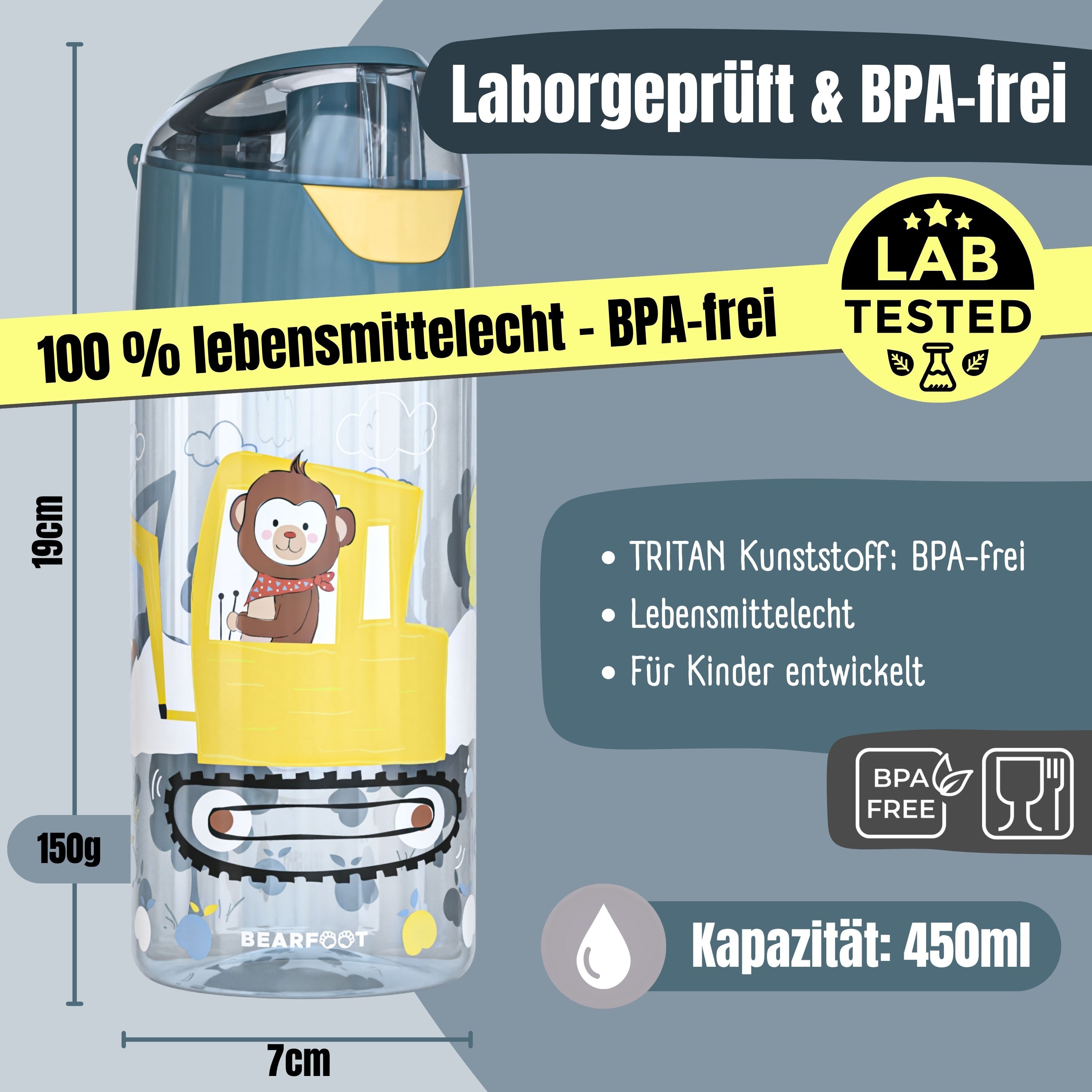Trinkflasche Kinder, leichte Wasserflasche - Bagger & Affe