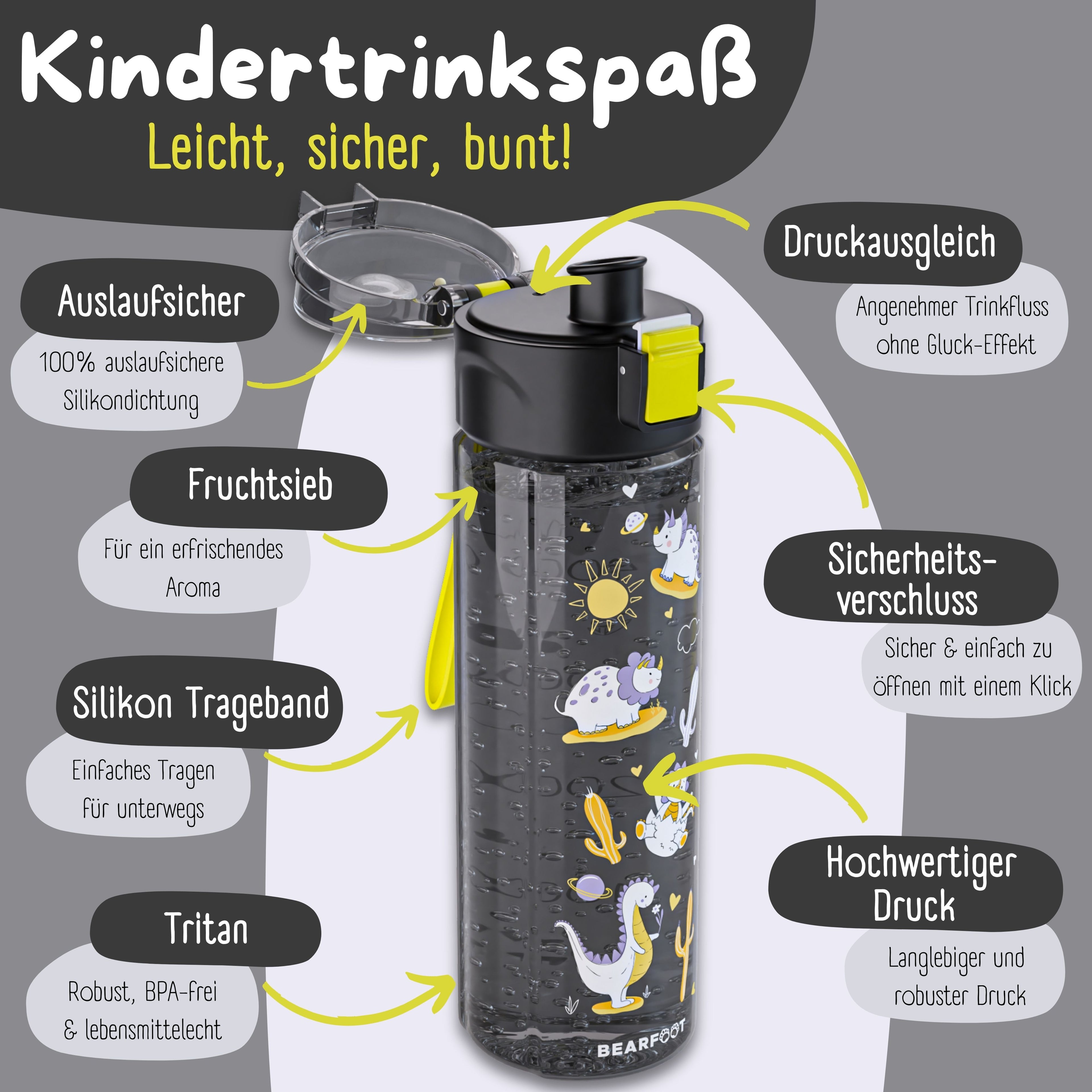 Børne drikkedunk, 500ml, lys - dinosaurer sort