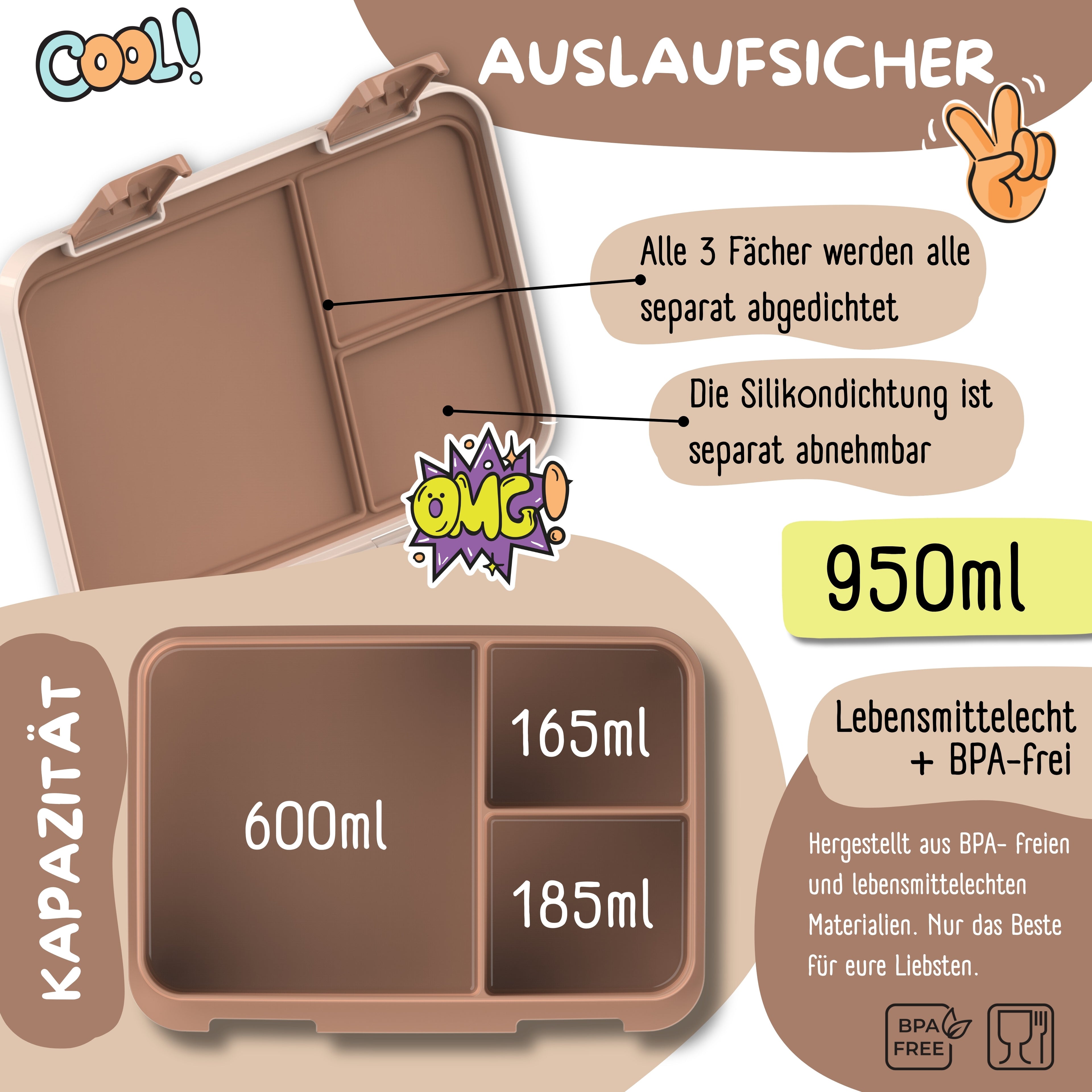 Brotdose mit Fächern, leicht & auslaufsicher - braun