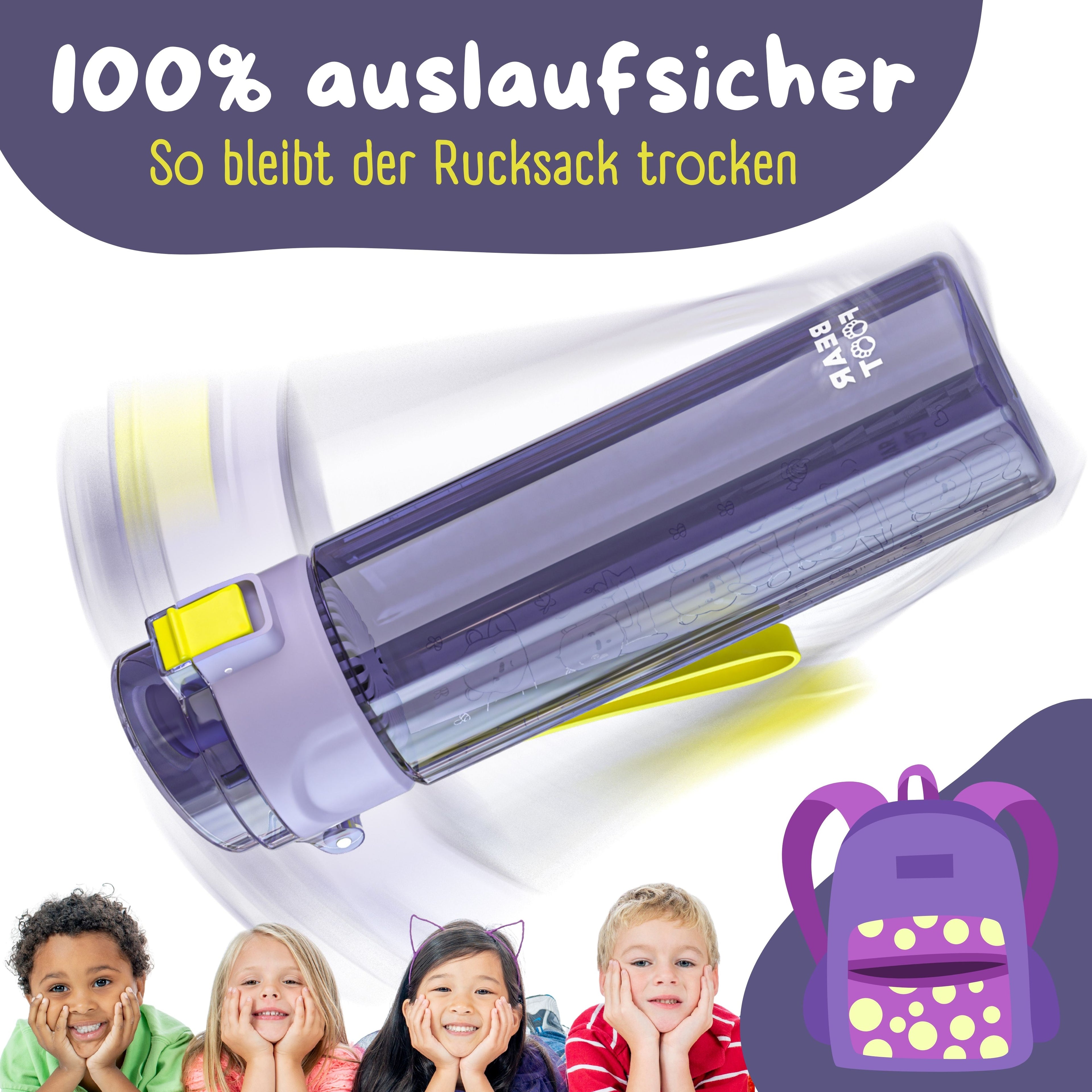 Botella para niños, 500 ml, clara - logo violeta