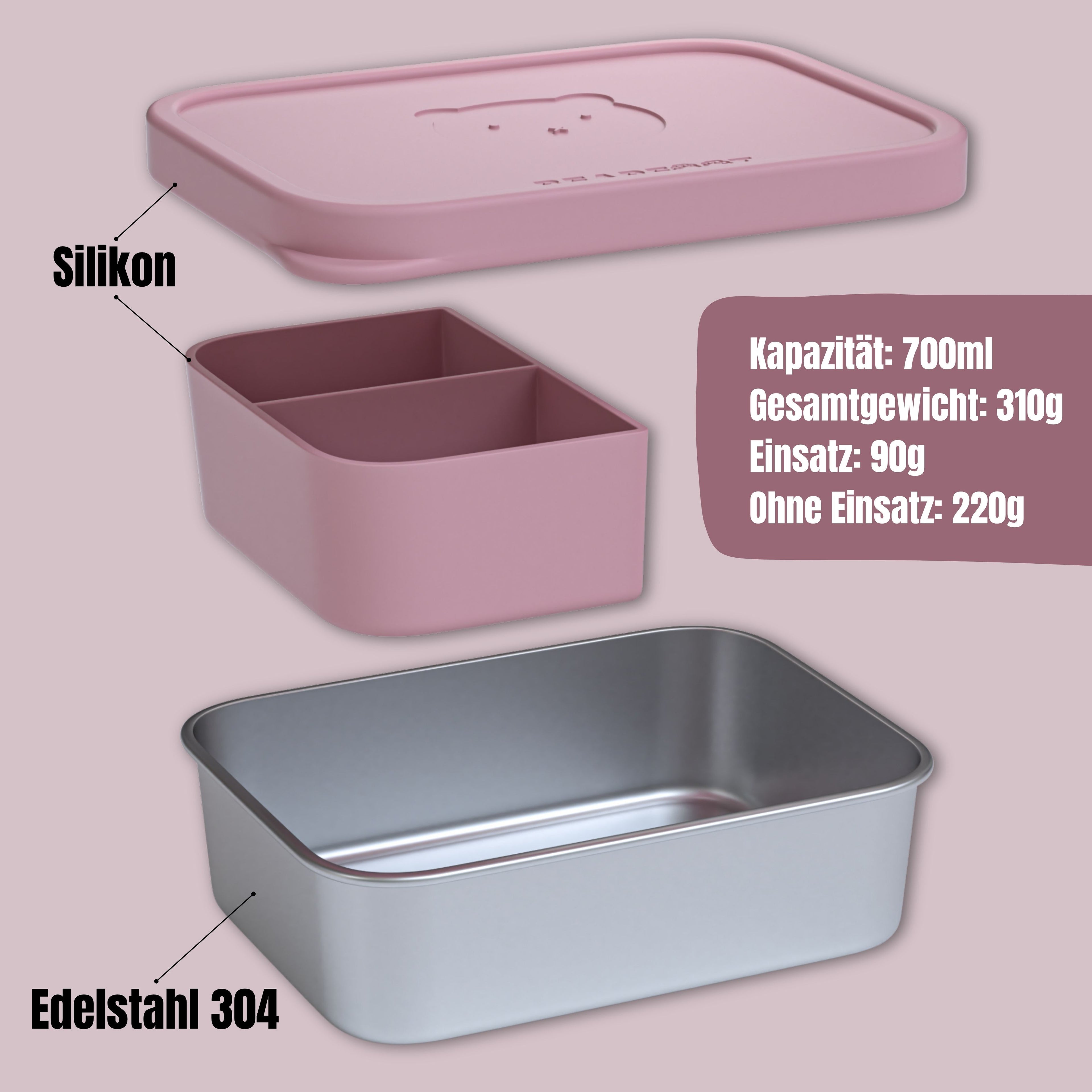 Brotdose Kinder Edelstahl mit Silikoneinsatz - Rosa