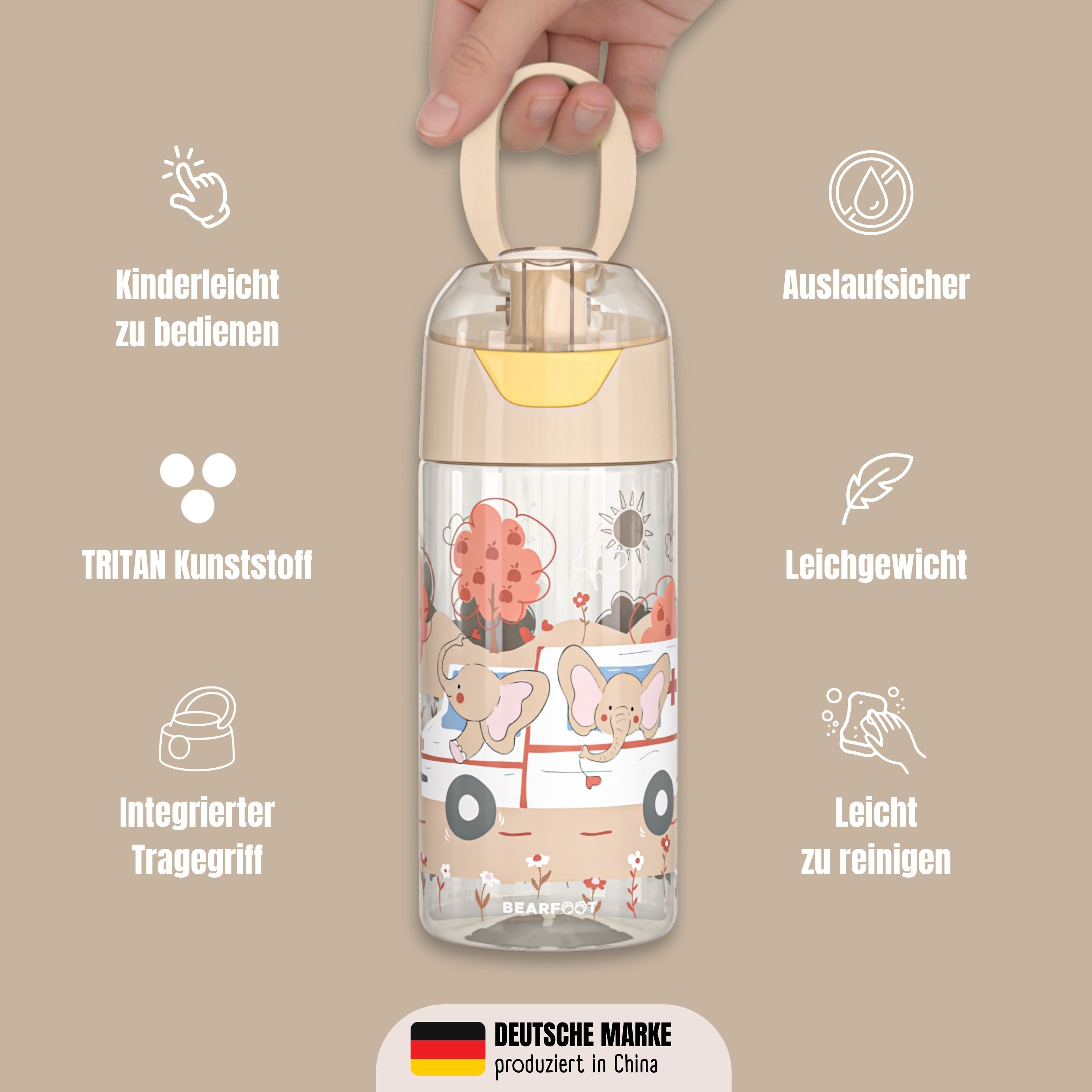 Trinkflasche Kinder, leichte Wasserflasche - Elefanten