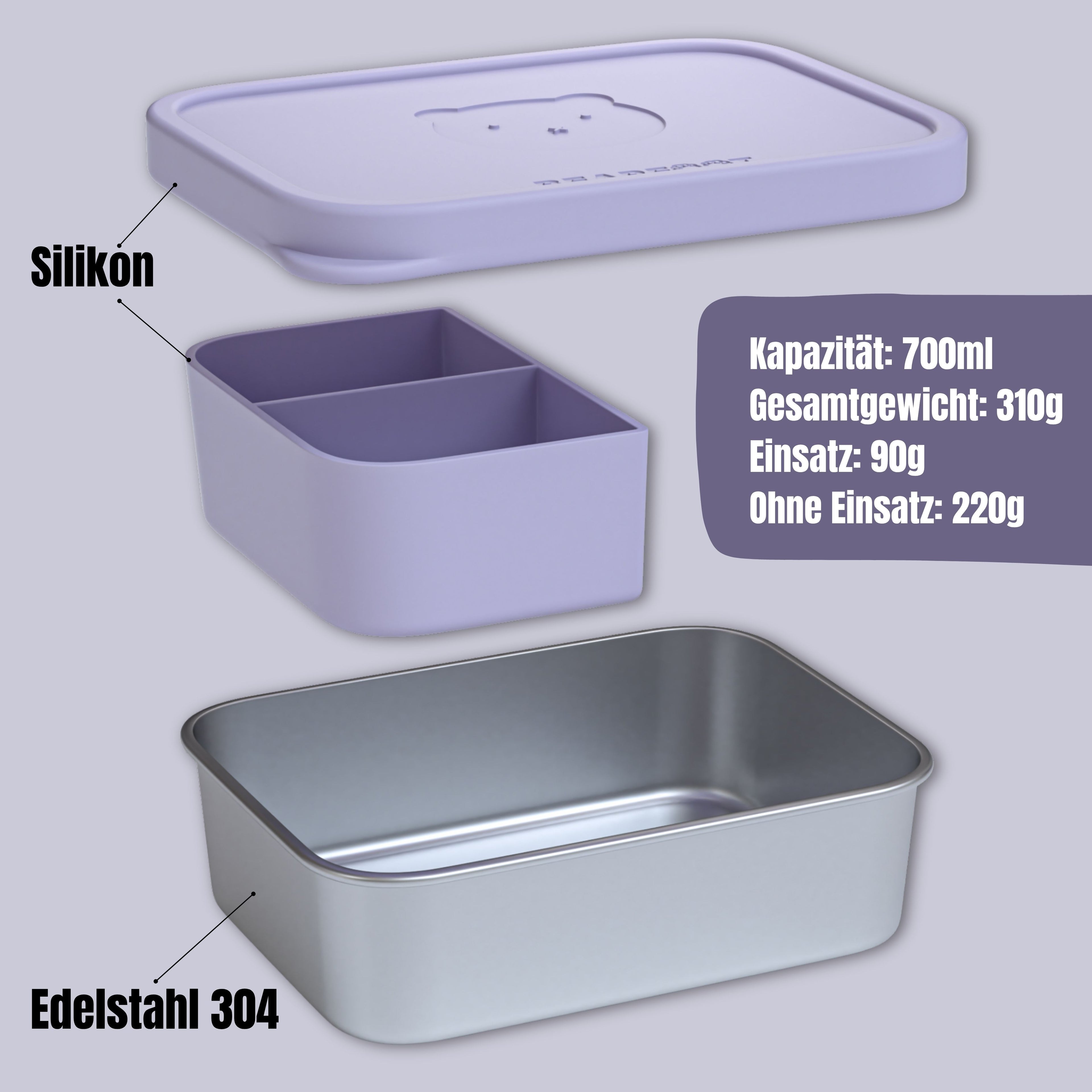 Brotdose Kinder Edelstahl mit Silikoneinsatz - Lavendel