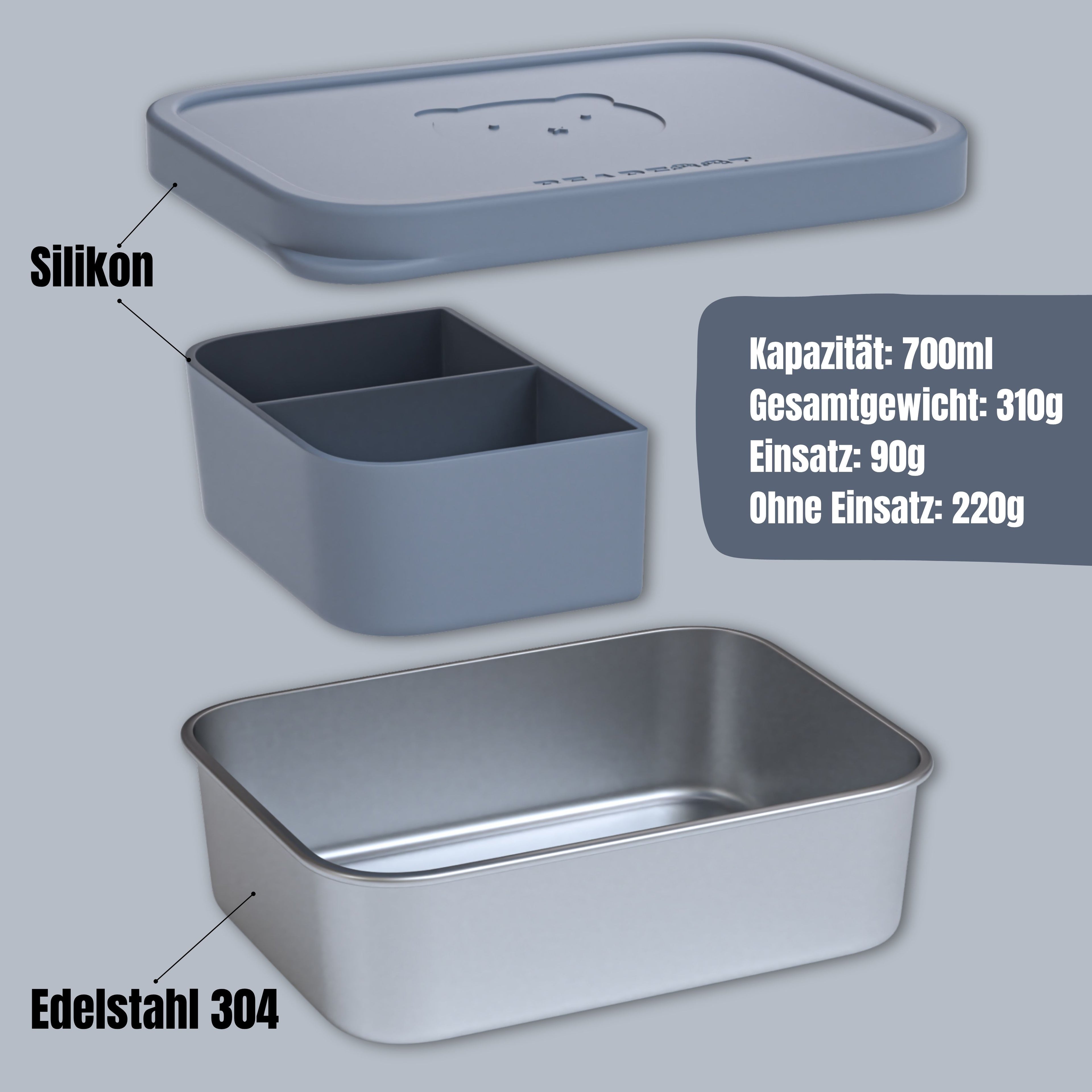 Brotdose Kinder Edelstahl mit Silikoneinsatz - Blau