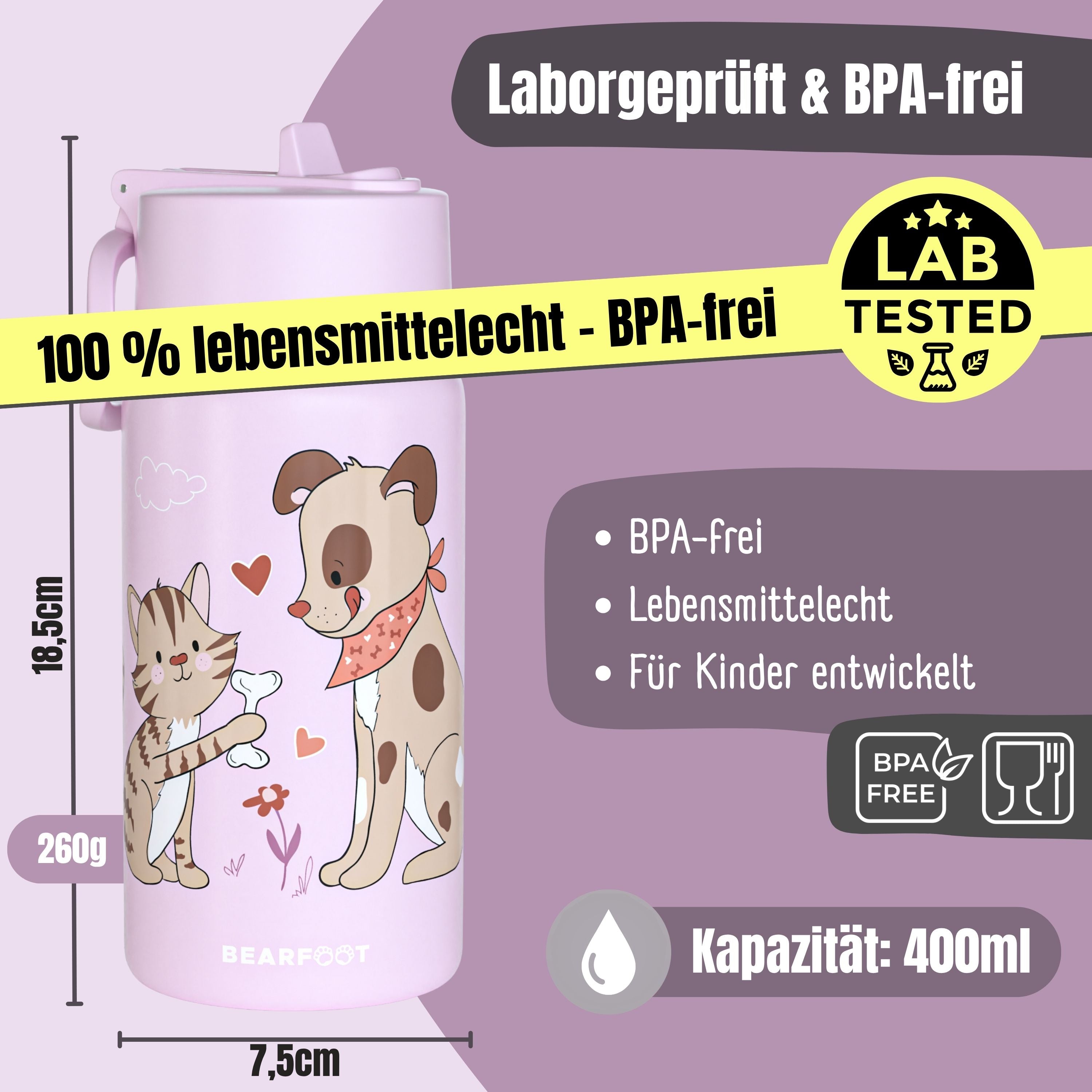 Thermo børne drikkedunk i rustfrit stål - hund & kat lilla