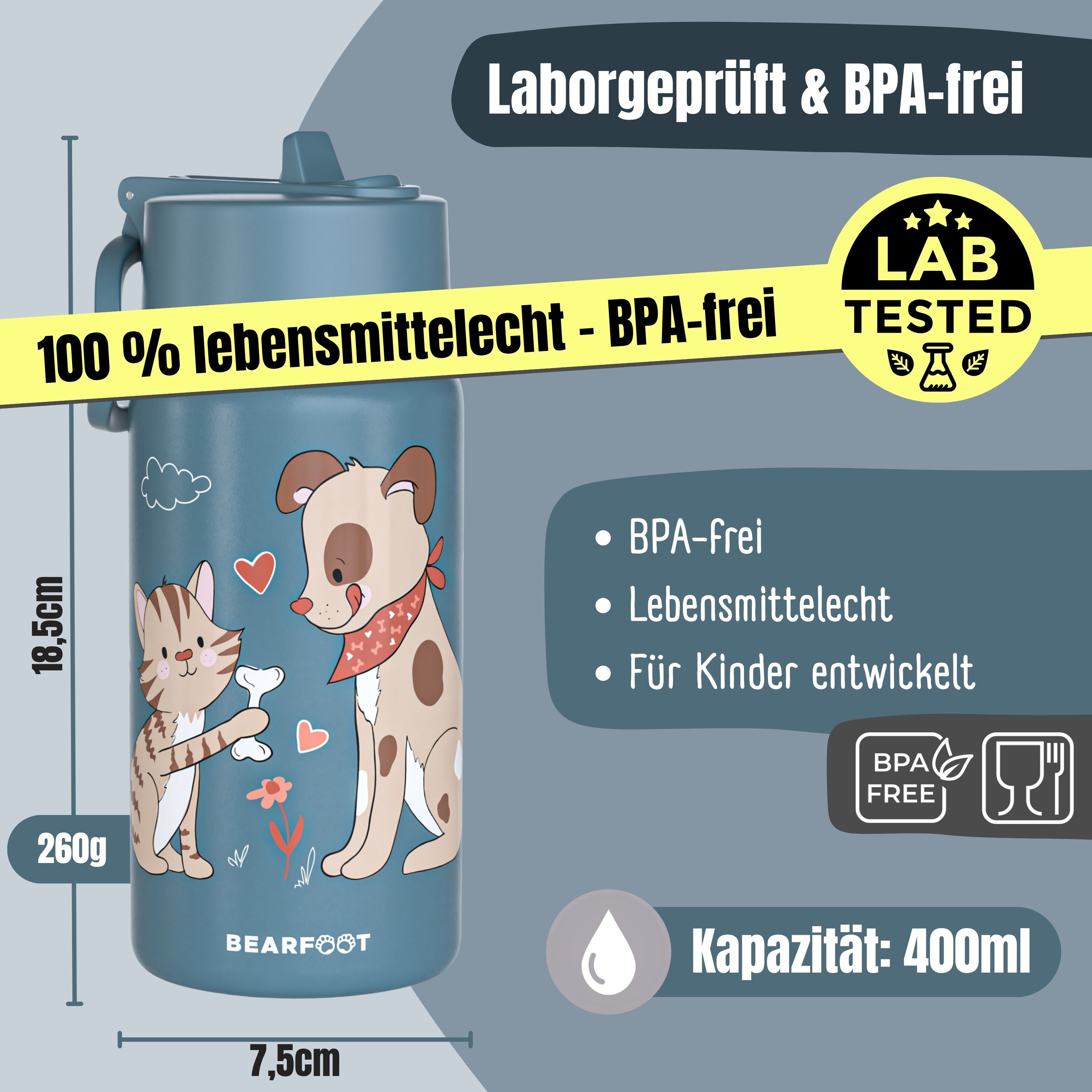 Botella térmica para niños de acero inoxidable - perro y gato azul