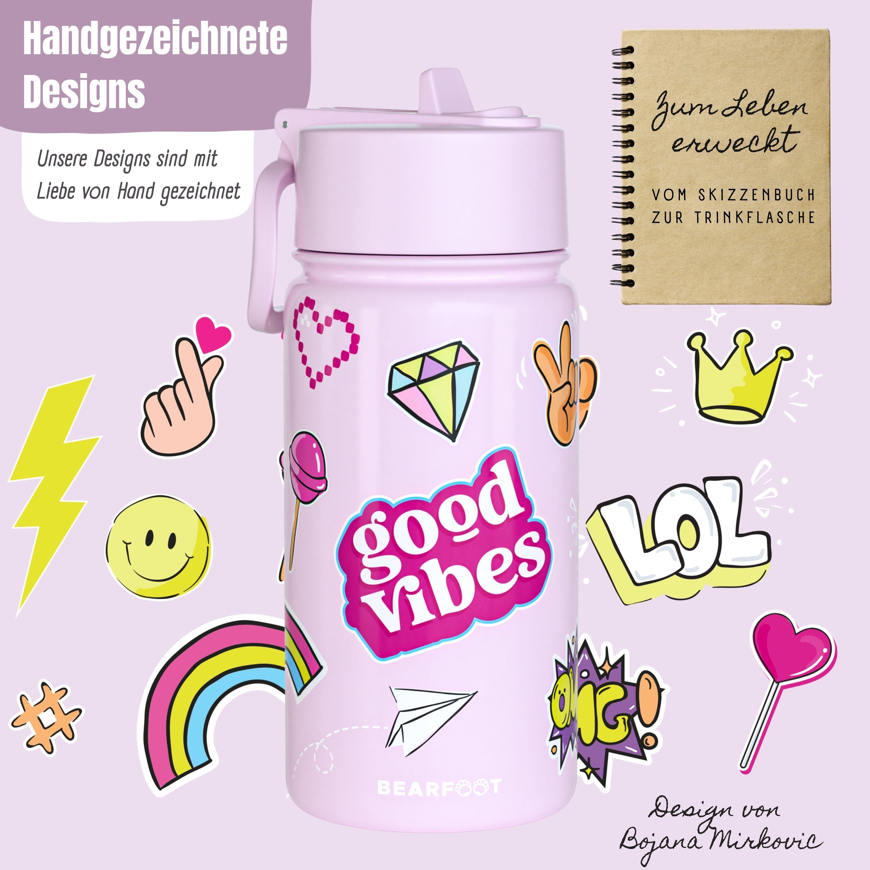 Thermo Kinder Trinkflasche Edelstahl - Sticker lila
