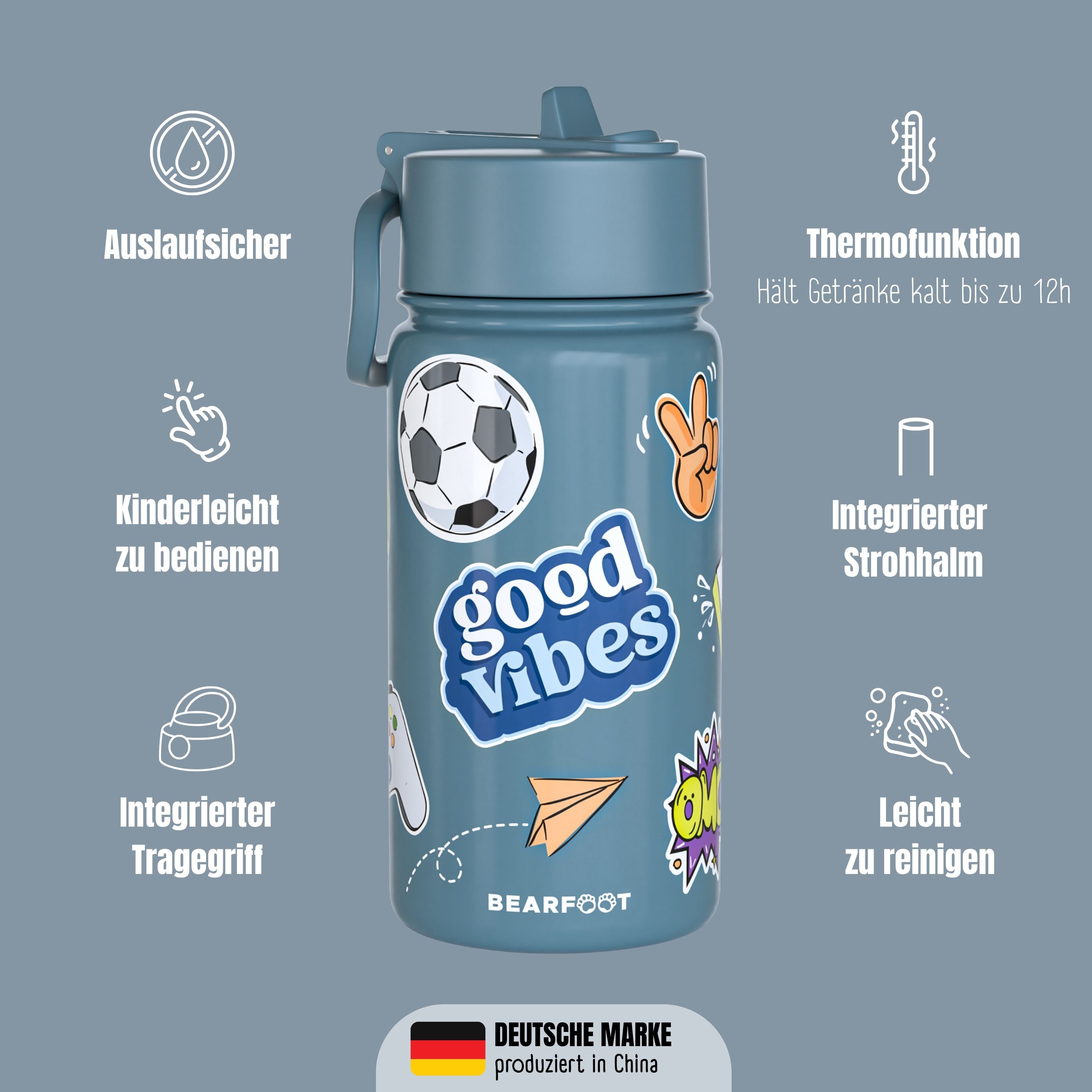 Thermo Kinder Trinkflasche Edelstahl - Sticker blau