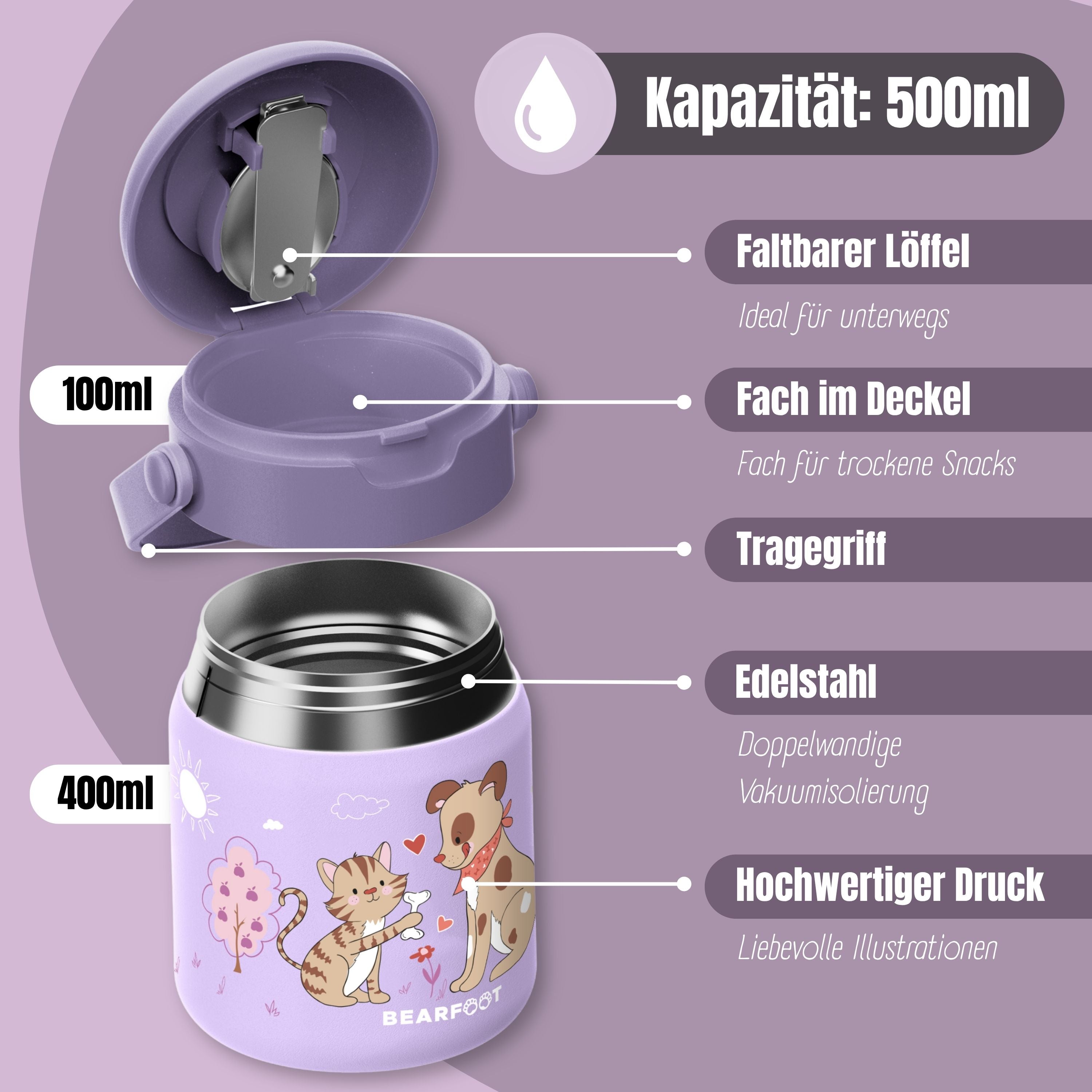 Thermobehälter Kinder Edelstahl - Hund & Katze lila
