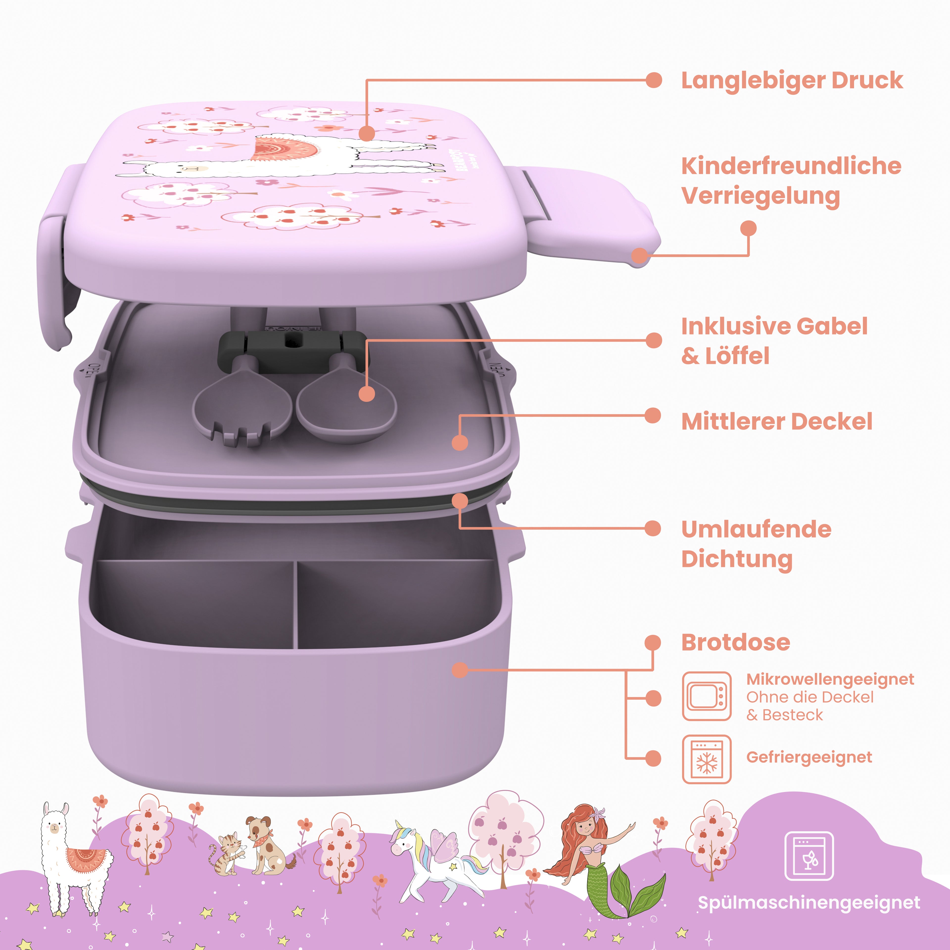 Kinderlunchbox met vakken, licht en lekvrij - Lama