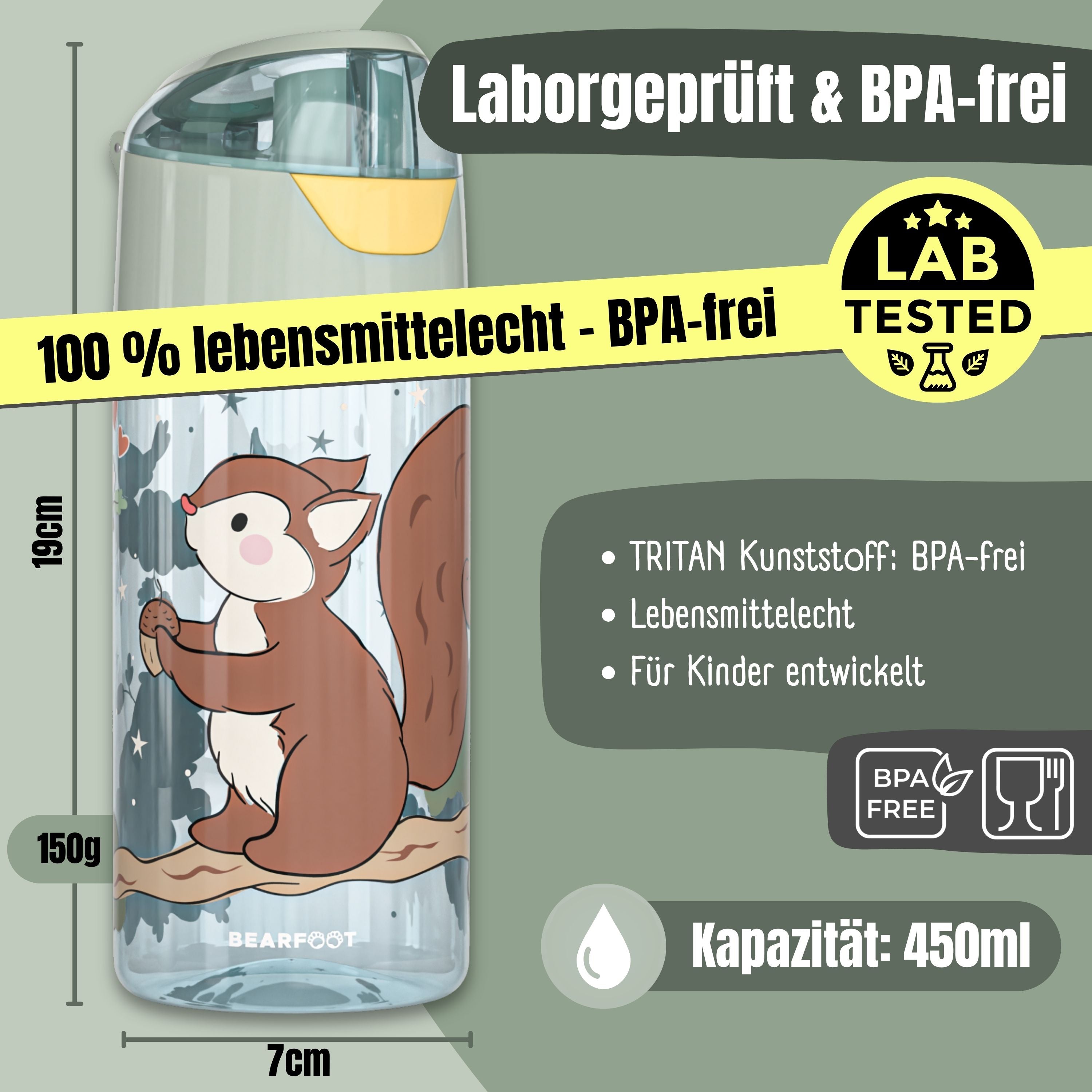 Trinkflasche Kinder, leichte Wasserflasche-Eichhörnchen sage