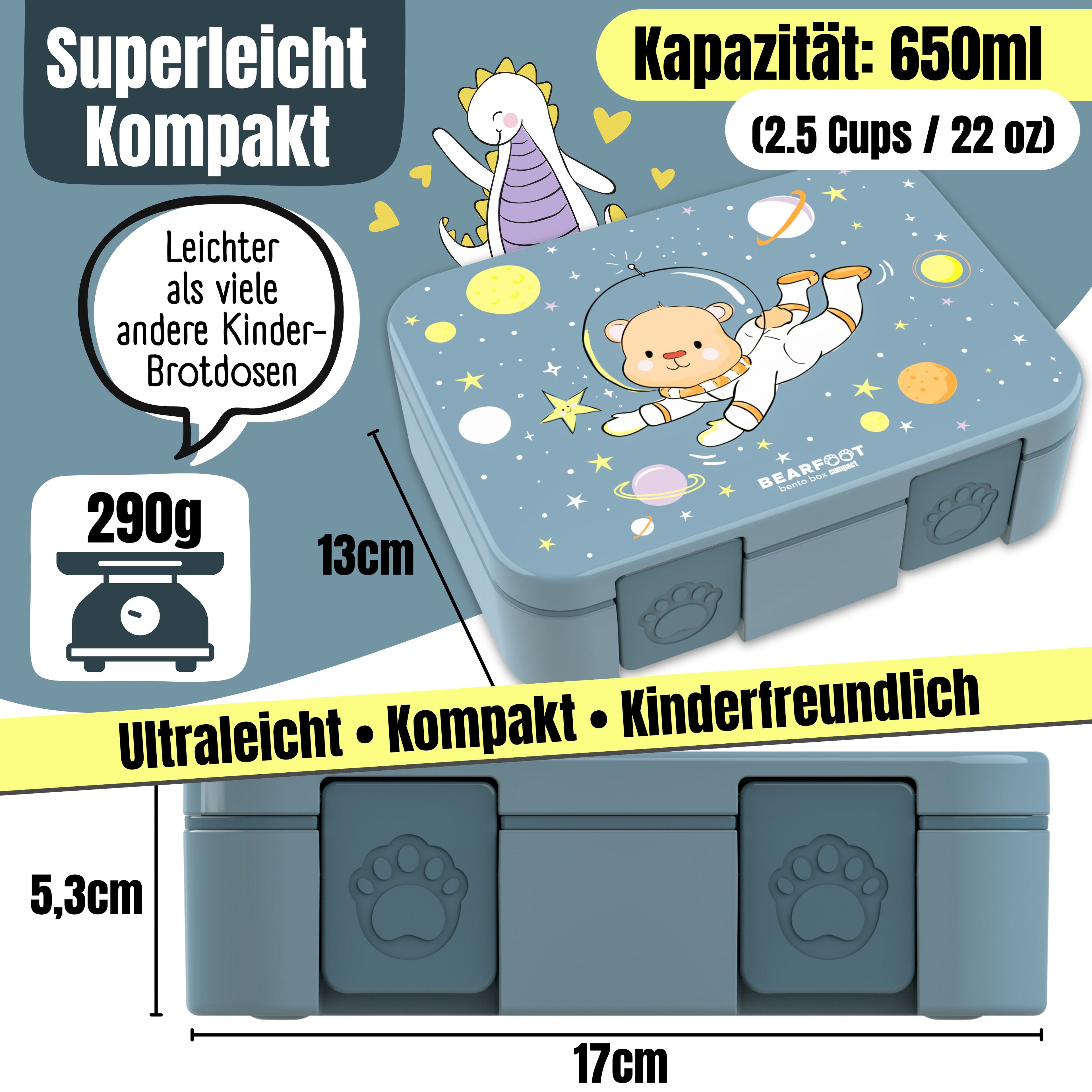 Brotdose mit Fächern, leicht & auslaufsicher - Bär blau