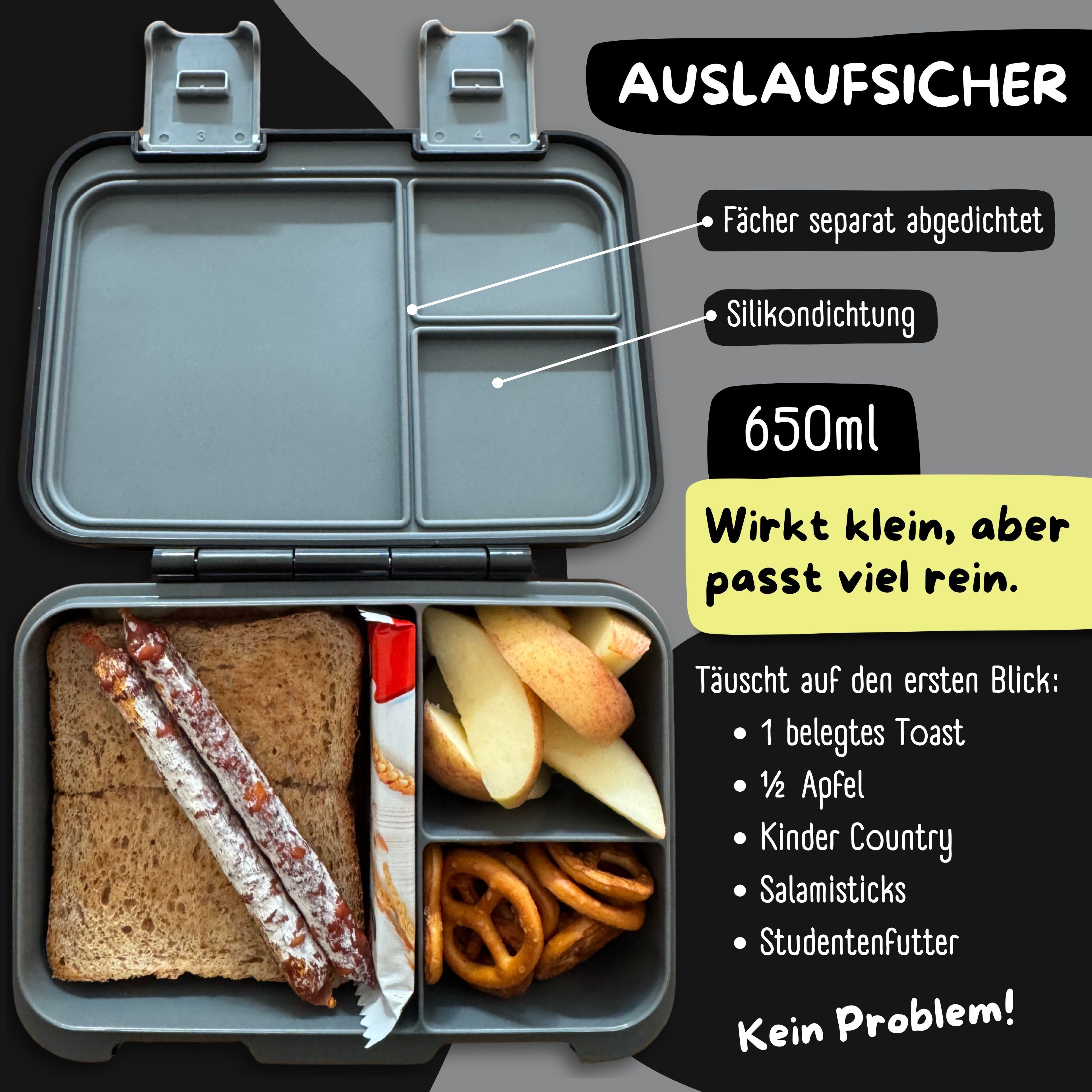 Brotdose mit Fächern, leicht & auslaufsicher - Sticker schwarz