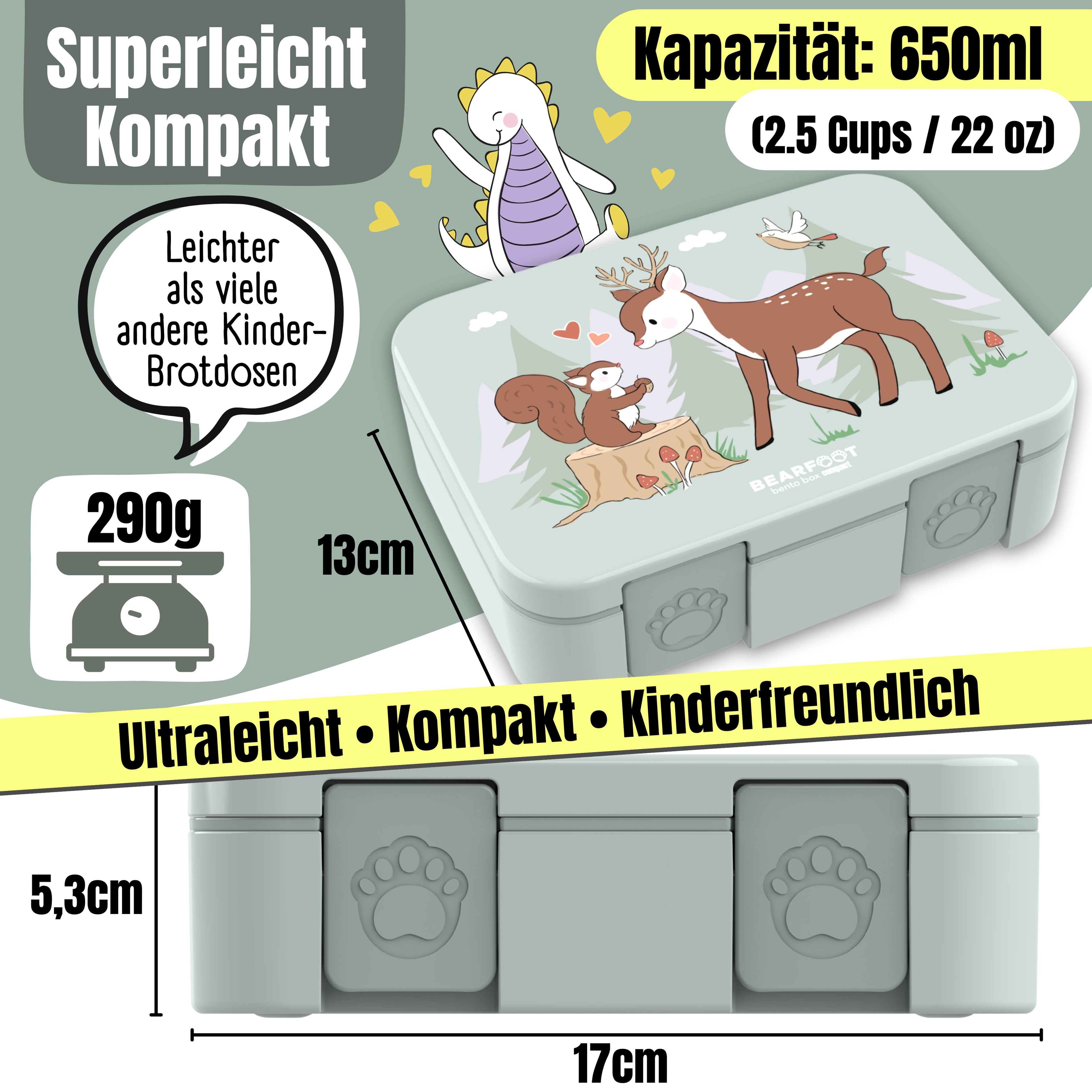 Brotdose mit Fächern, leicht & auslaufsicher - Reh Salbei