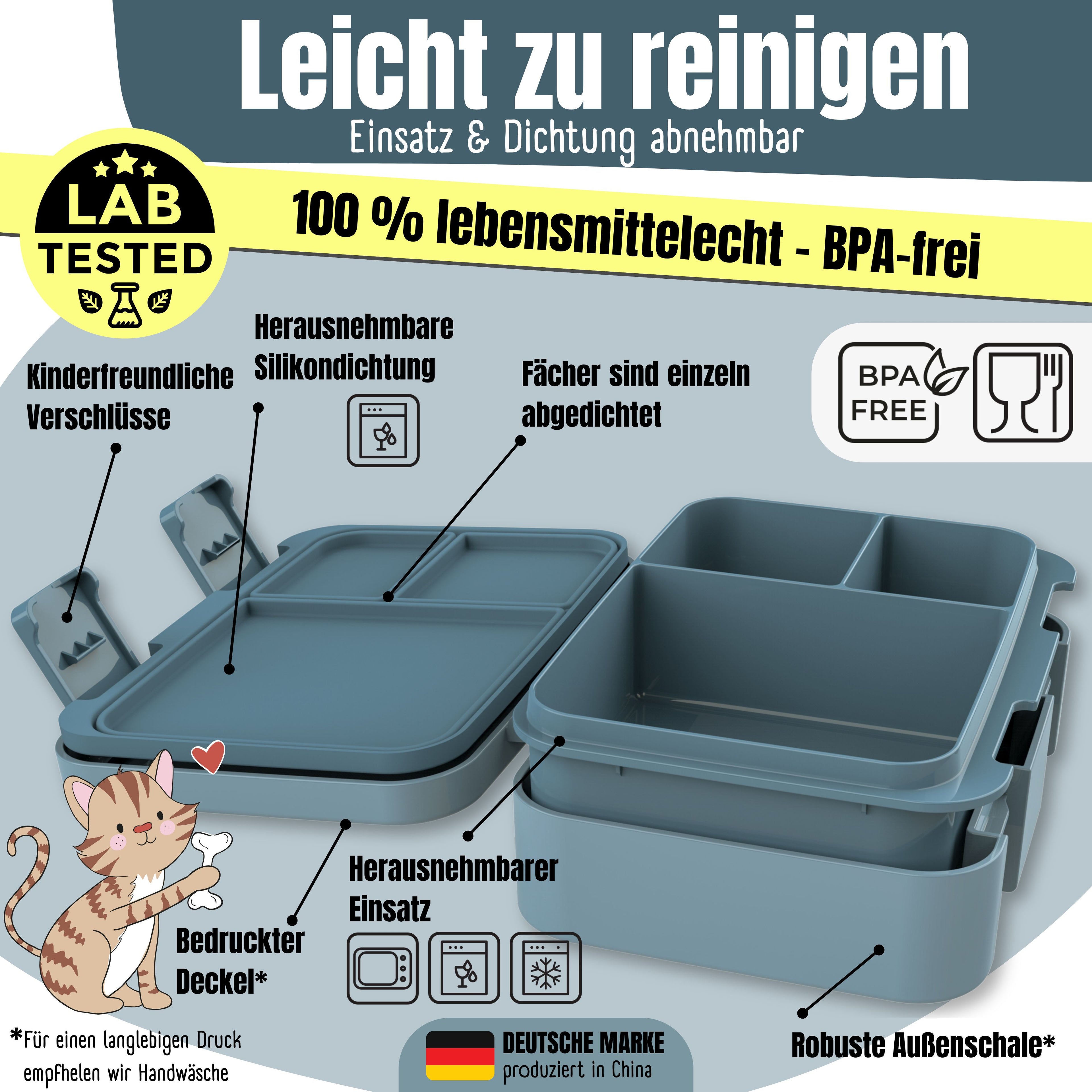 Brotdose mit Fächern, leicht & auslaufsicher - Dinos blau