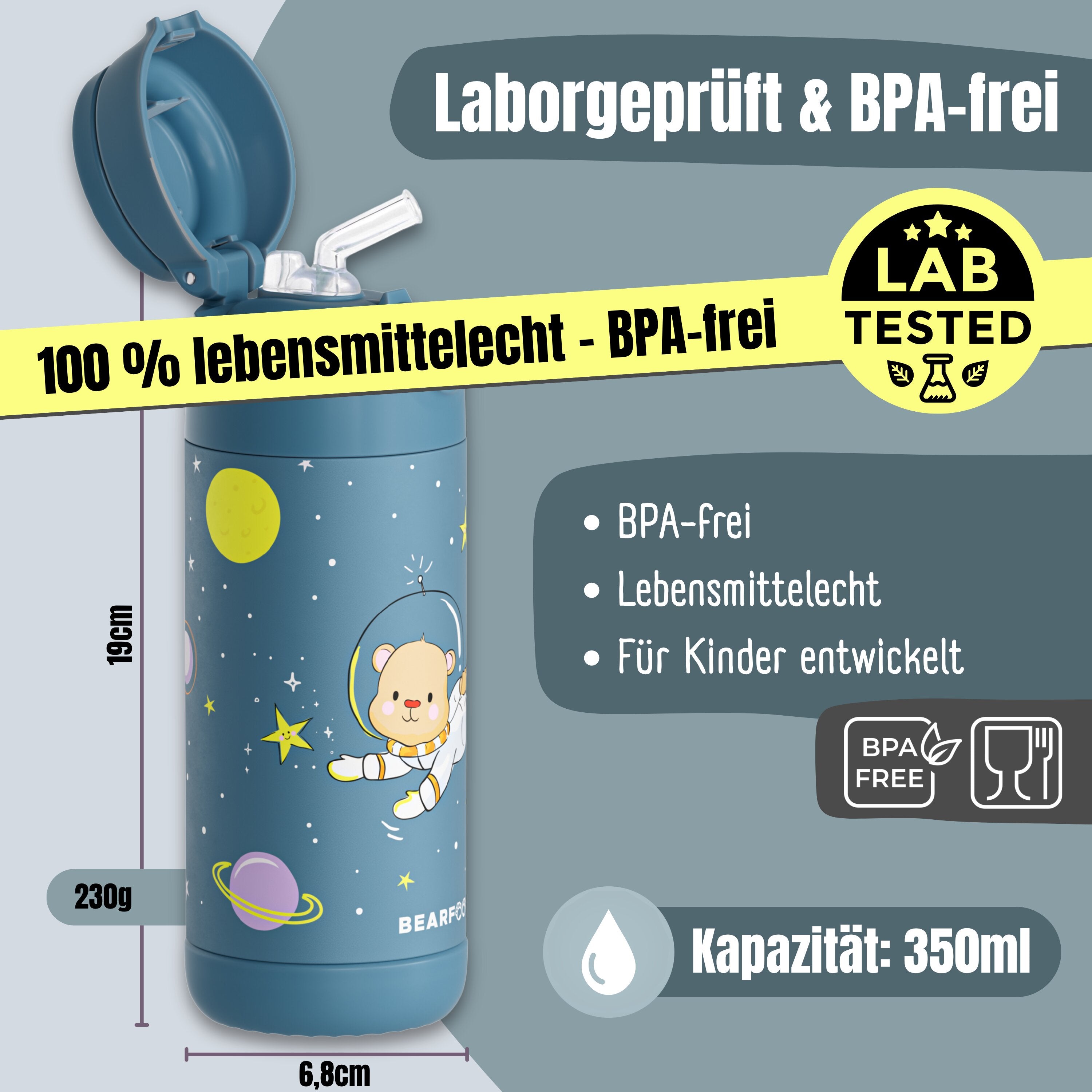 Thermo Kinder Trinkflasche Edelstahl - Astro Bär blau