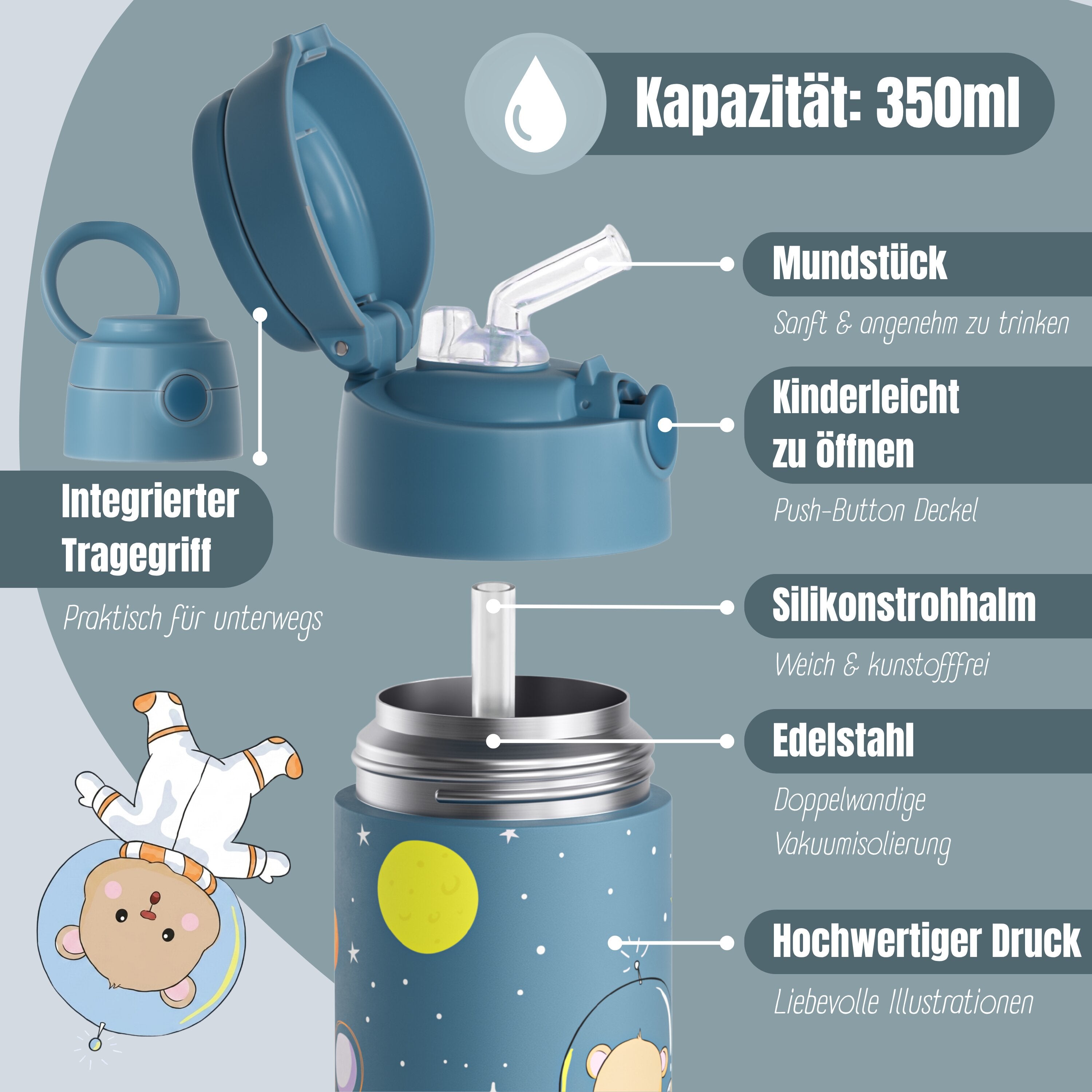Thermo Kinder Trinkflasche Edelstahl - Astro Bär blau