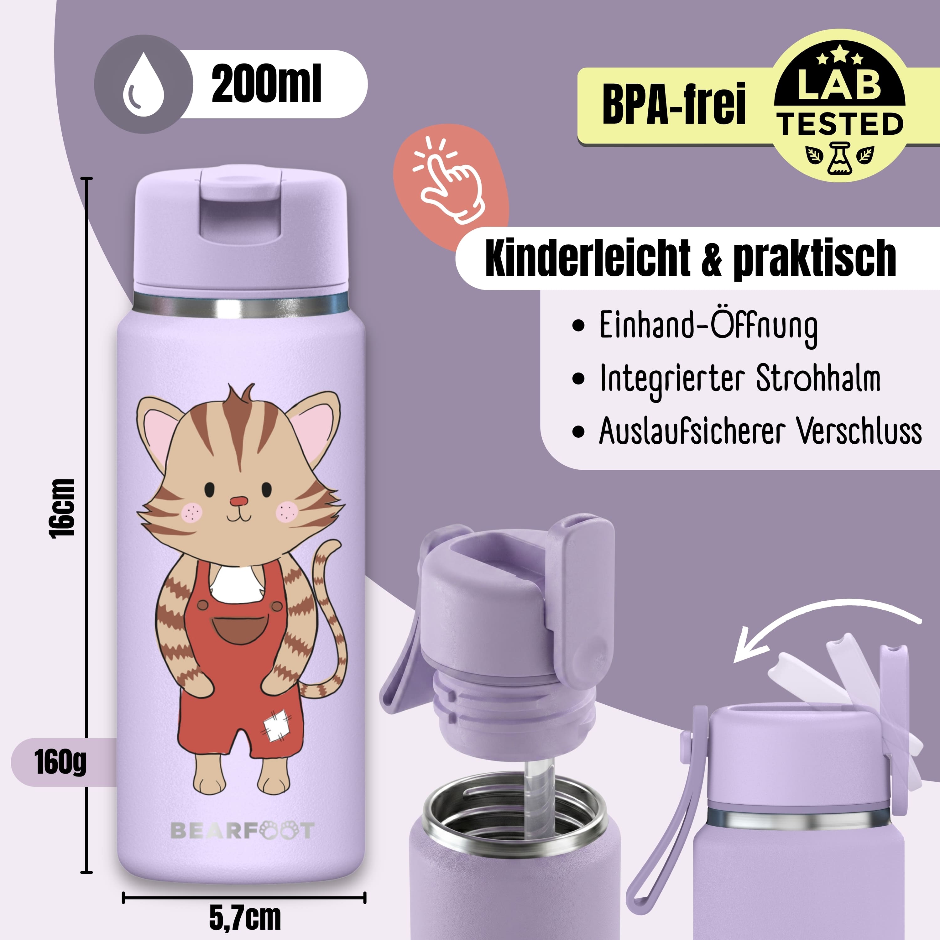 TINY Thermo Kinder Trinkflasche Edelstahl - Katze lila