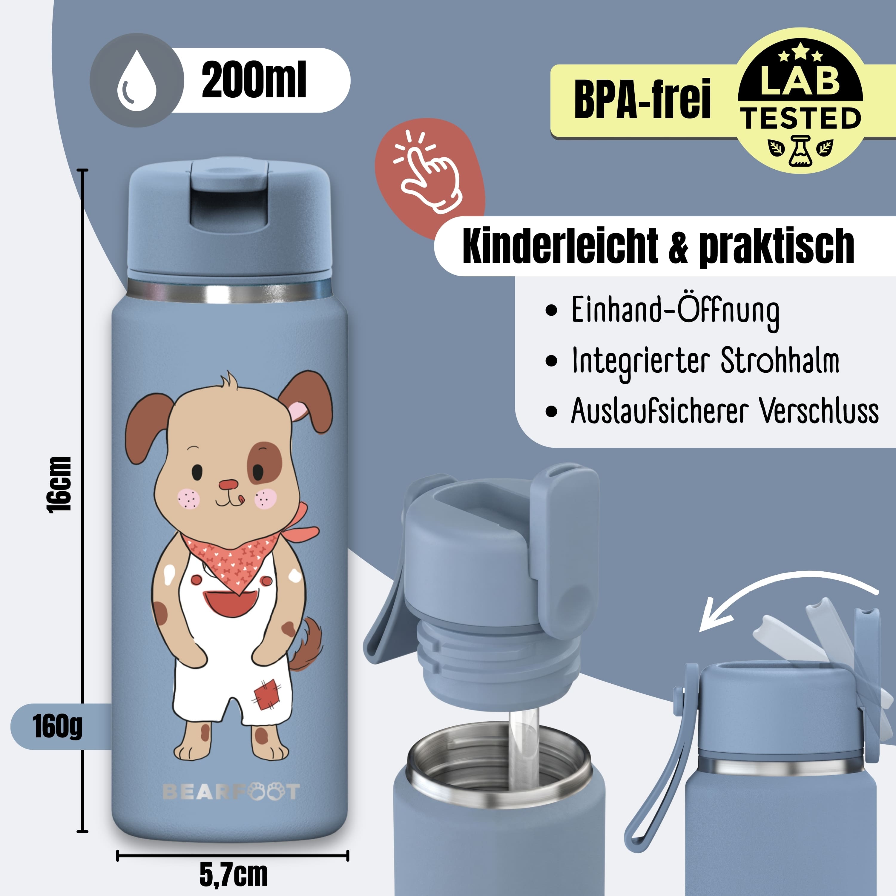 TINY Thermo Kinder Trinkflasche Edelstahl - Hund blau