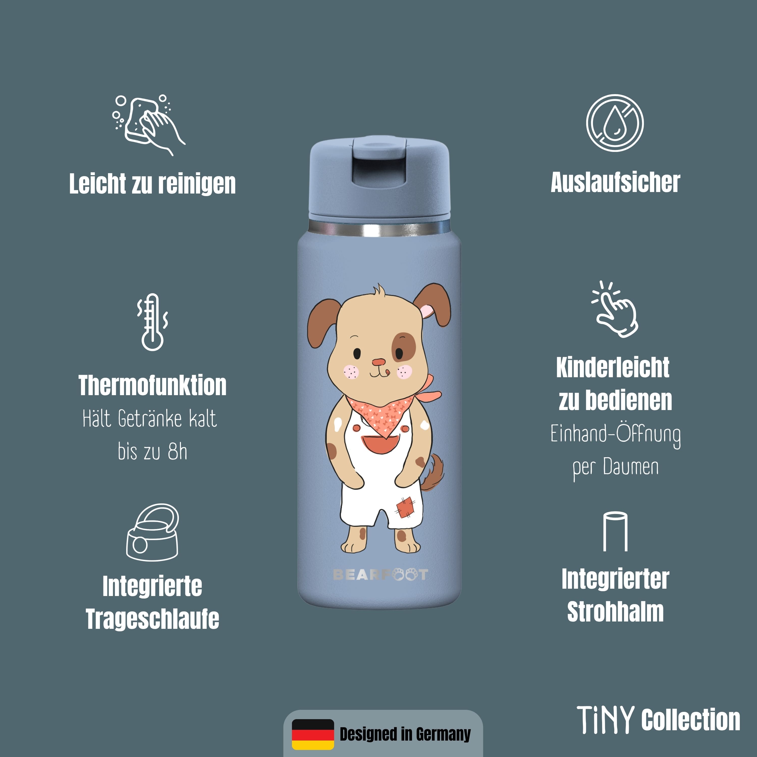 TINY Thermo Kinder Trinkflasche Edelstahl - Hund blau