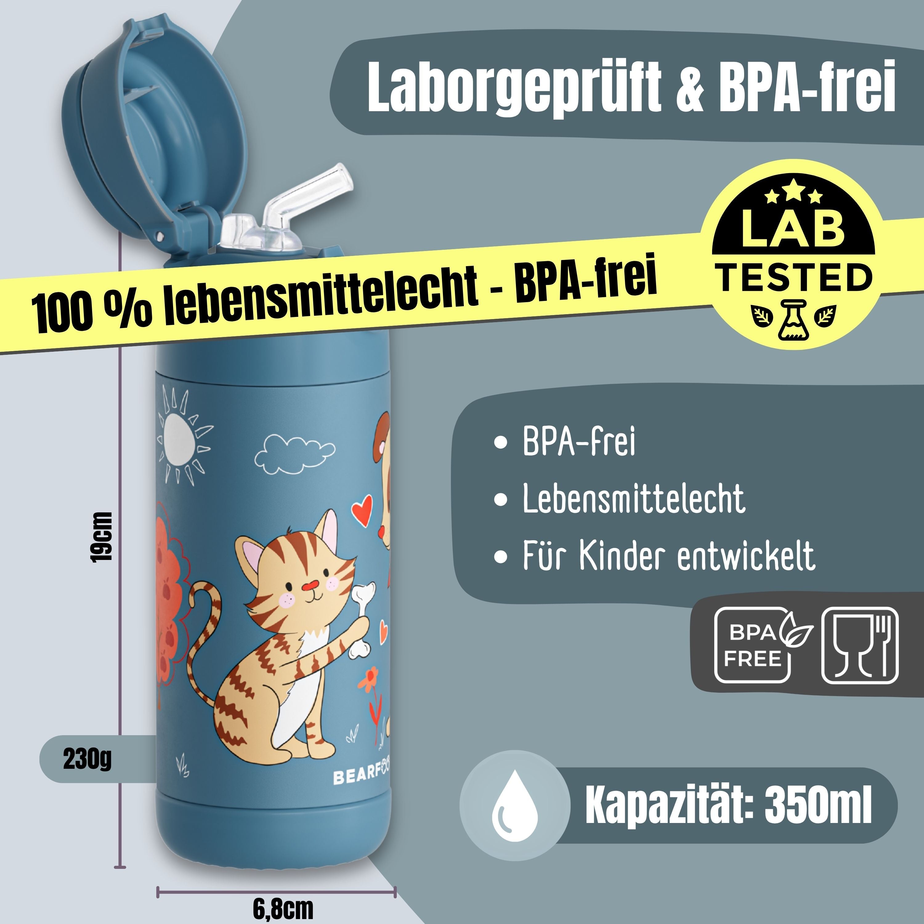 Thermo Kinder Trinkflasche Edelstahl - Hund & Katze blau