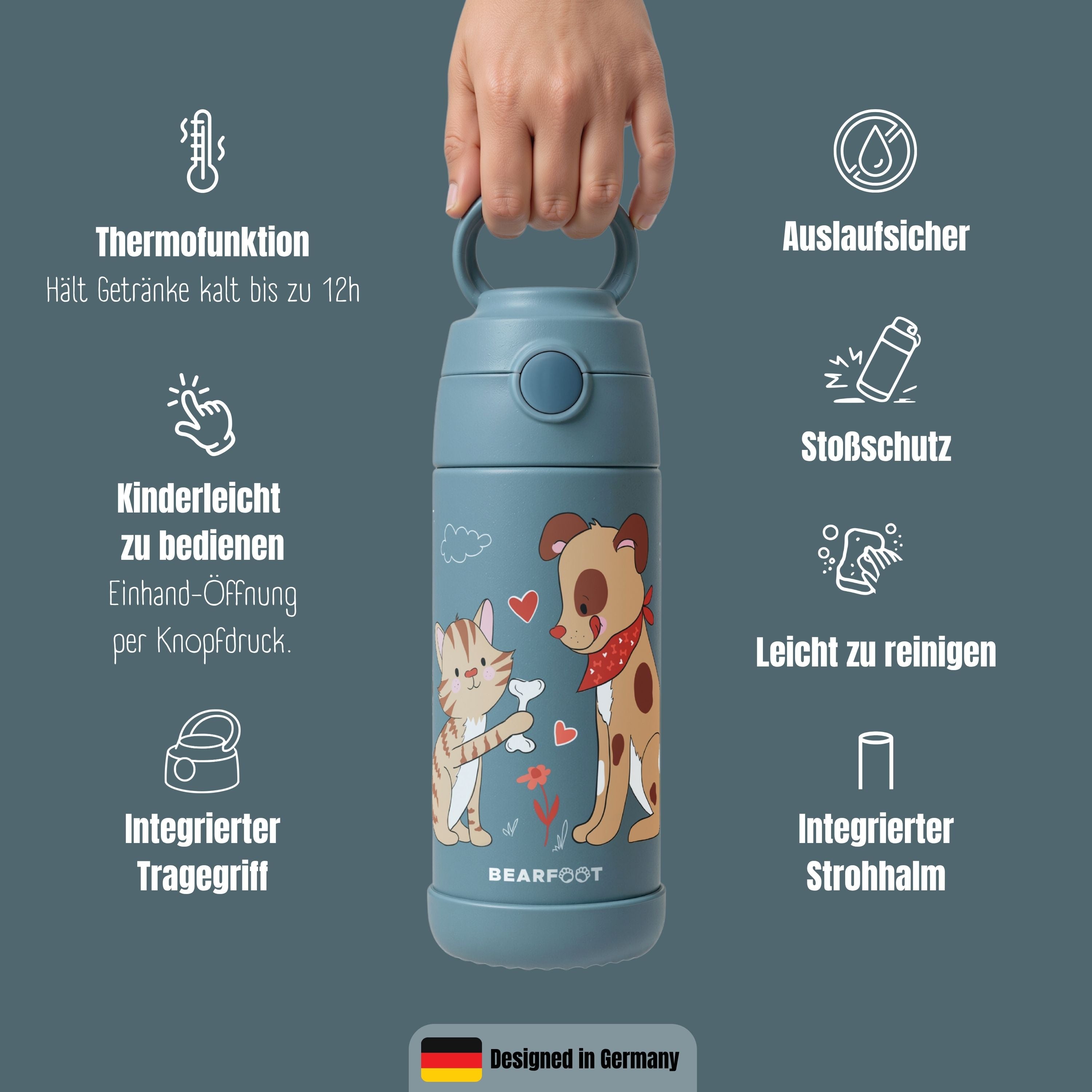 Thermo Kinder Trinkflasche Edelstahl - Hund & Katze blau
