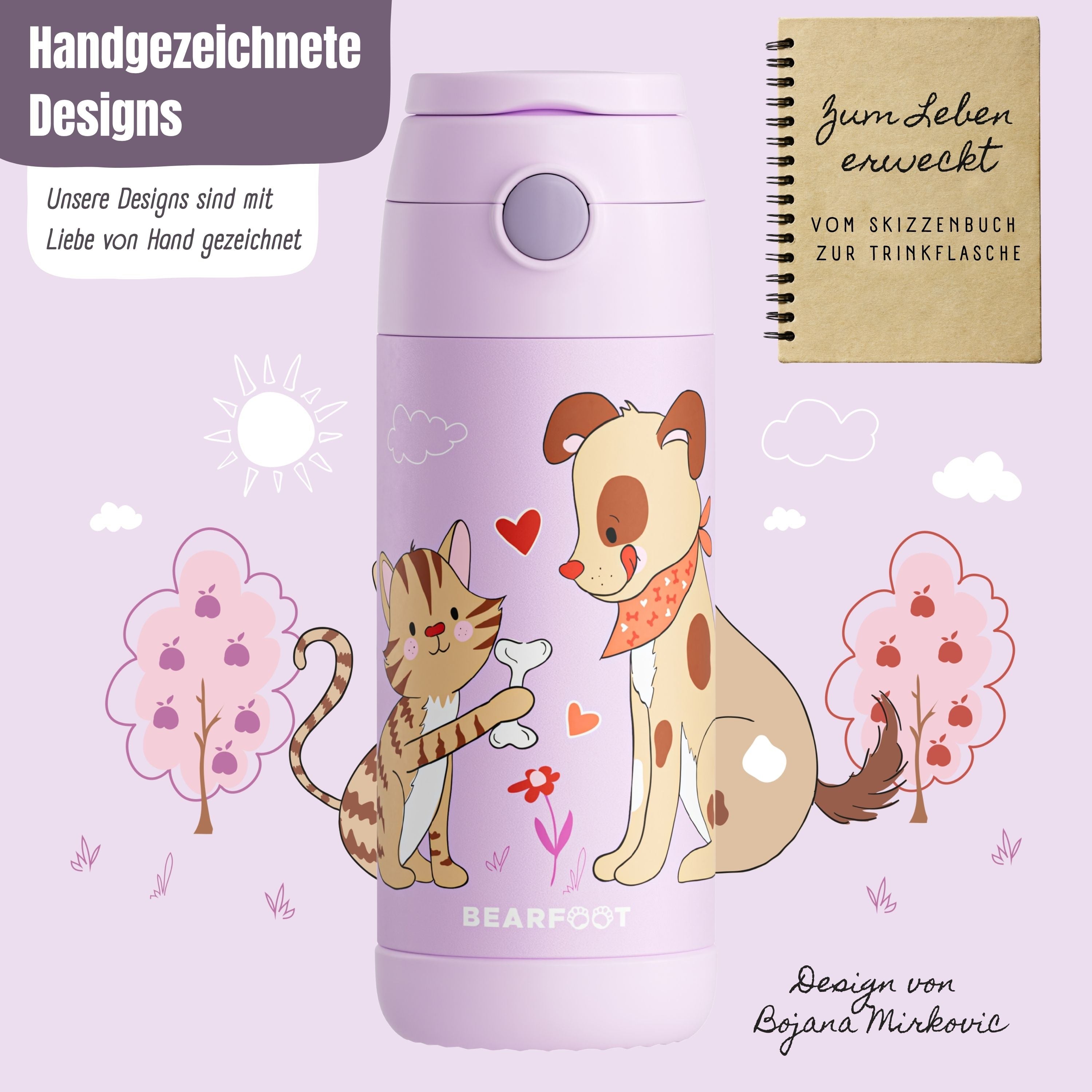 Thermo Kinder Trinkflasche Edelstahl - Hund & Katze lila