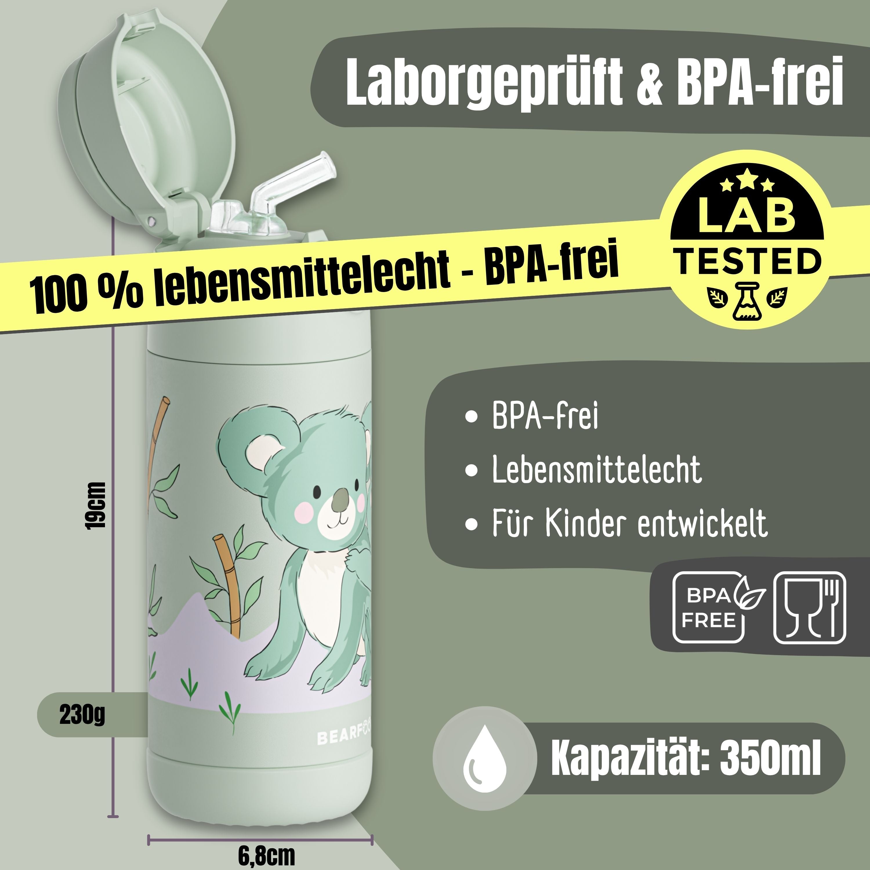 Thermo Kinder Trinkflasche Edelstahl - Koala grün