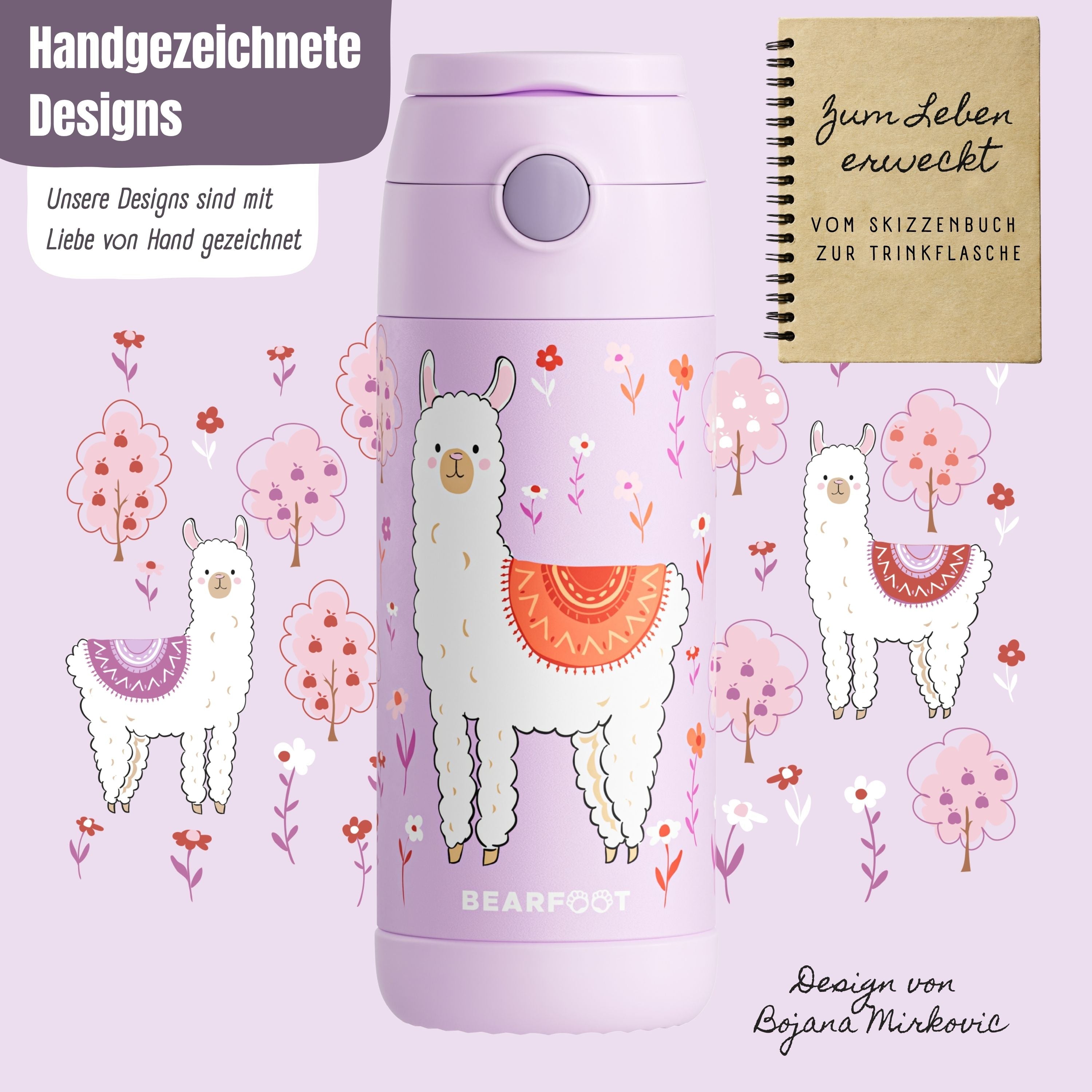 Thermo Kinder Trinkflasche Edelstahl - Lama lila