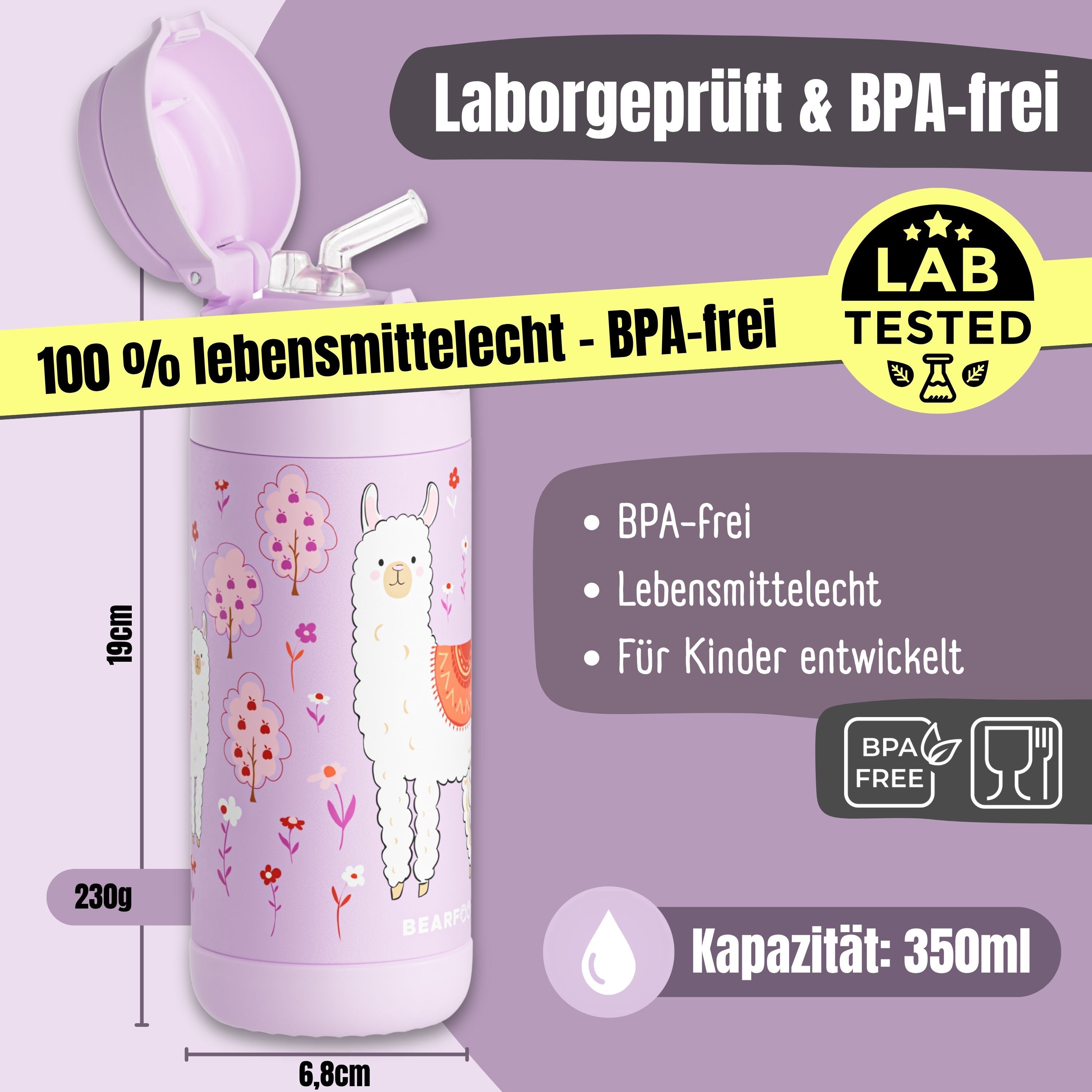 Thermo Kinder Trinkflasche Edelstahl - Lama lila
