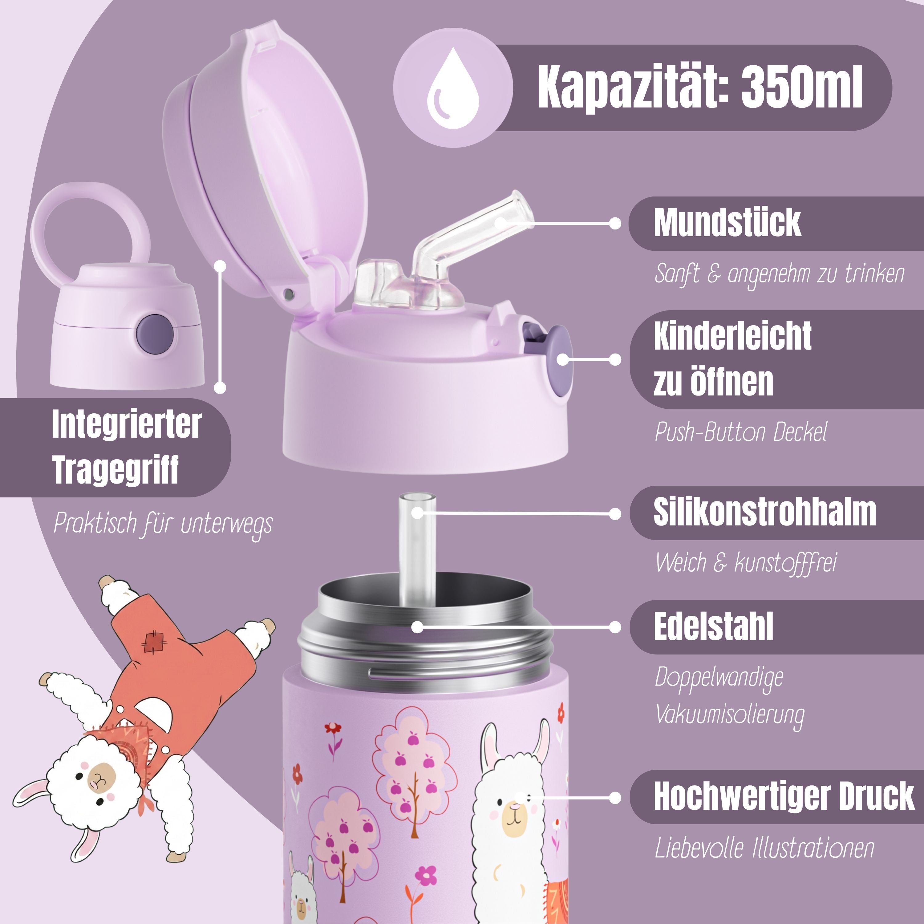 Thermo Kinder Trinkflasche Edelstahl - Lama lila