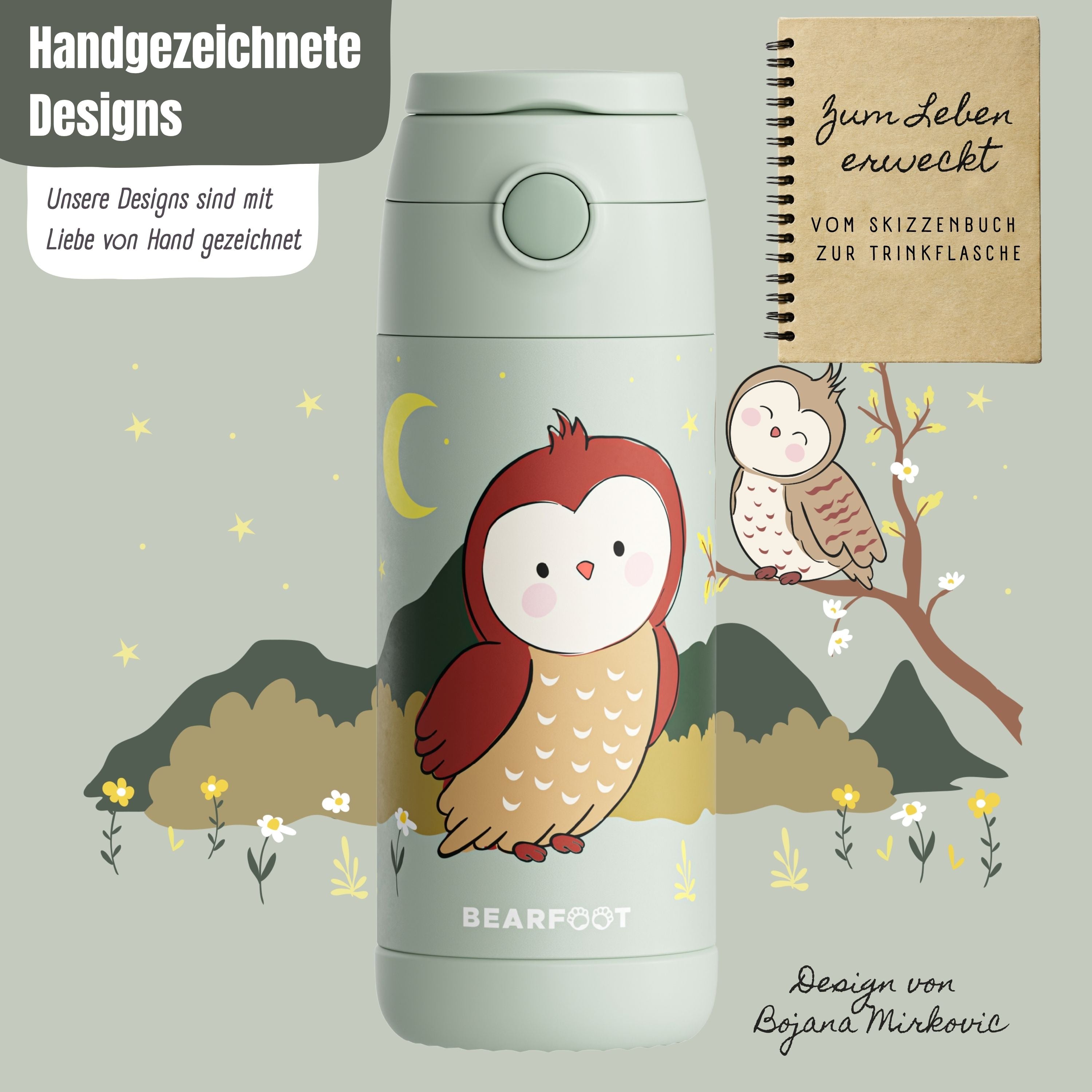 Thermo Kinder Trinkflasche Edelstahl - Eule grün
