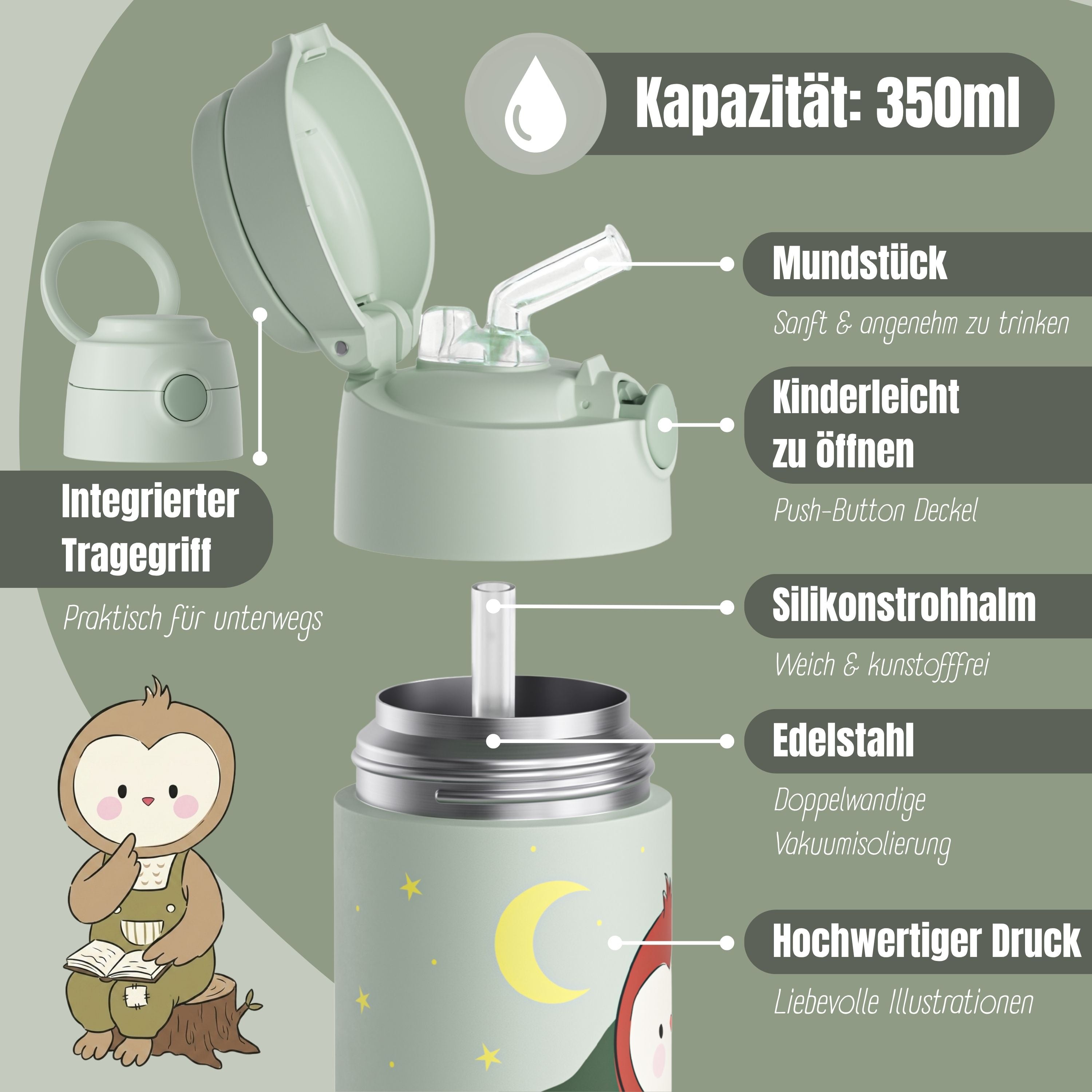 Thermo Kinder Trinkflasche Edelstahl - Eule grün