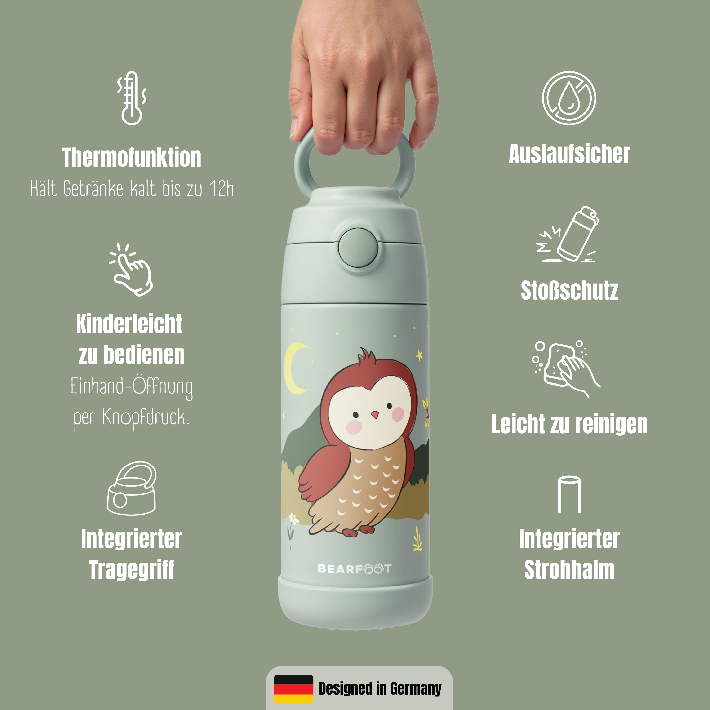Thermo Kinder Trinkflasche Edelstahl - Eule grün
