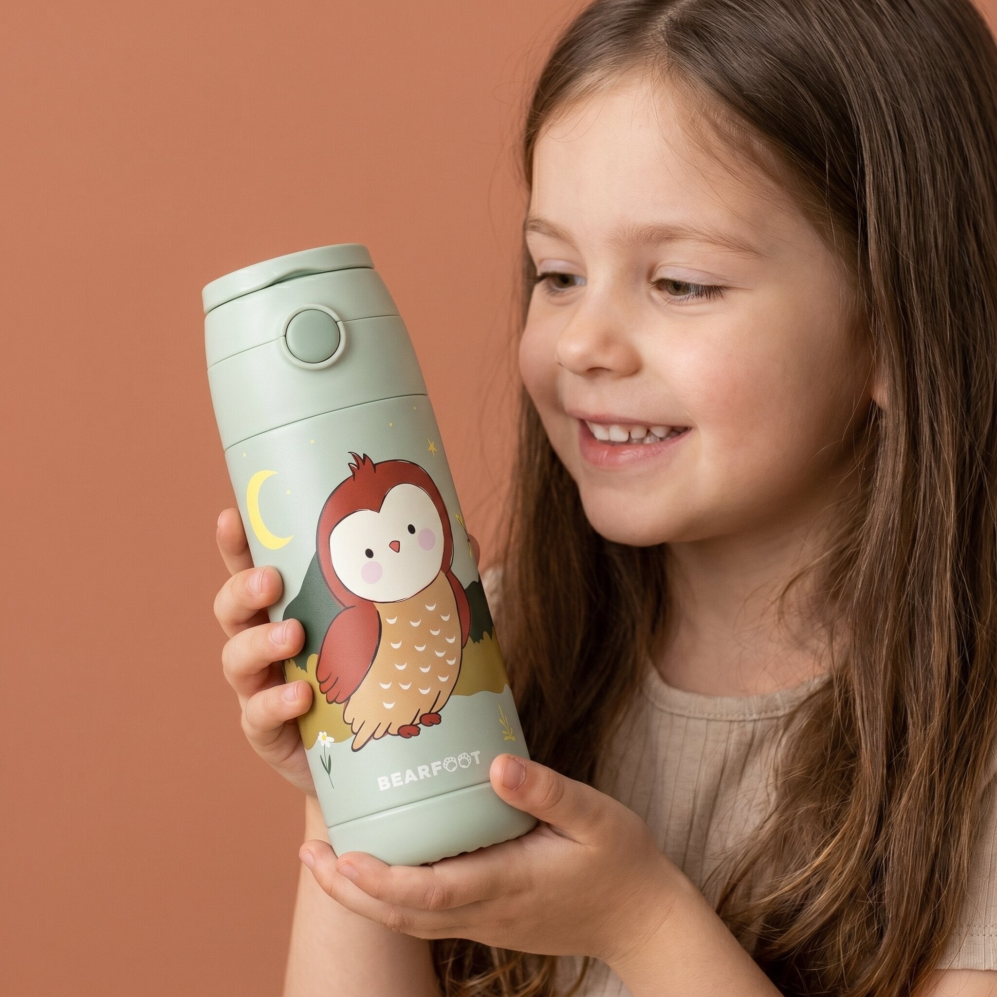 Thermo Kinder Trinkflasche Edelstahl - Eule grün