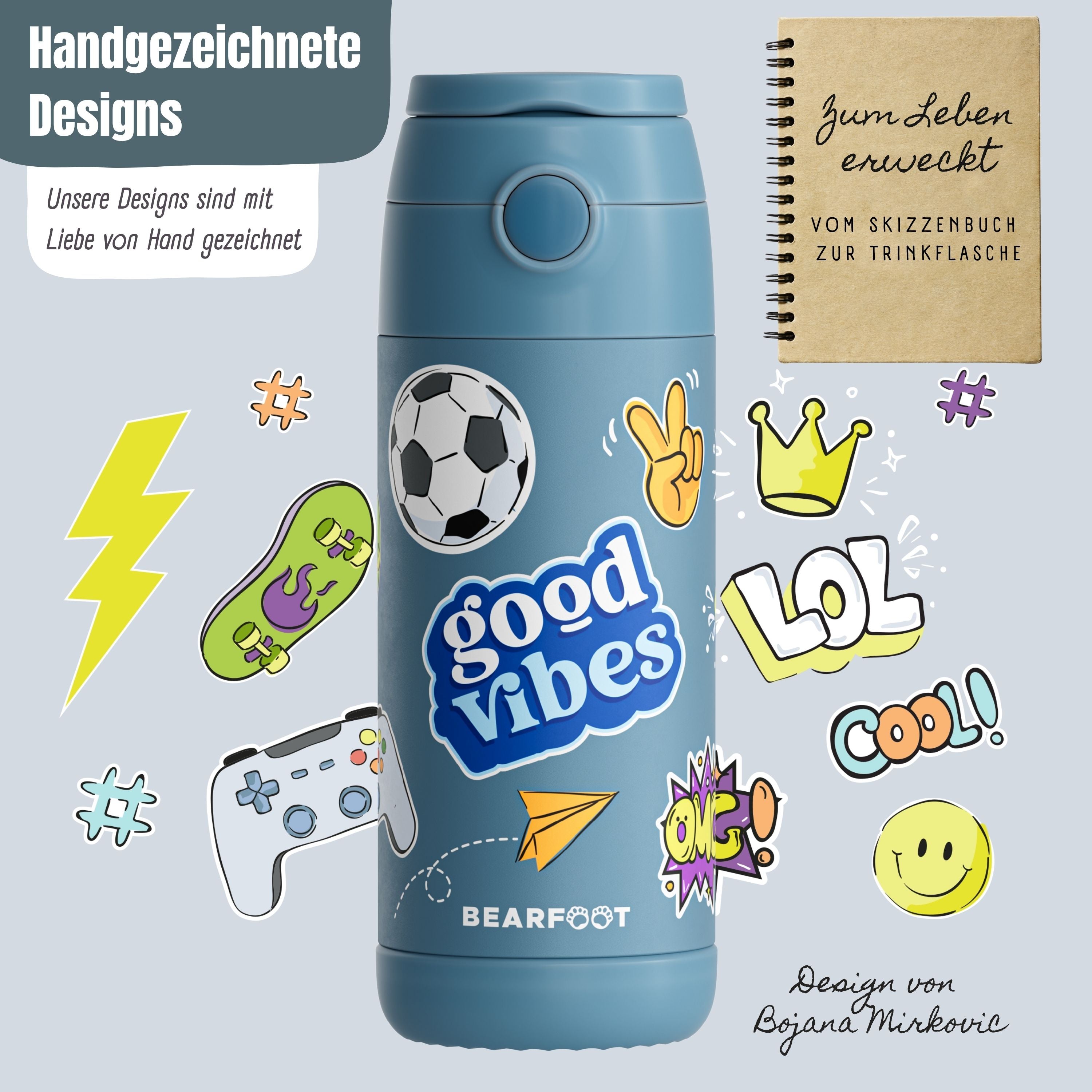 Thermo Kinder Trinkflasche Edelstahl - Sticker blau