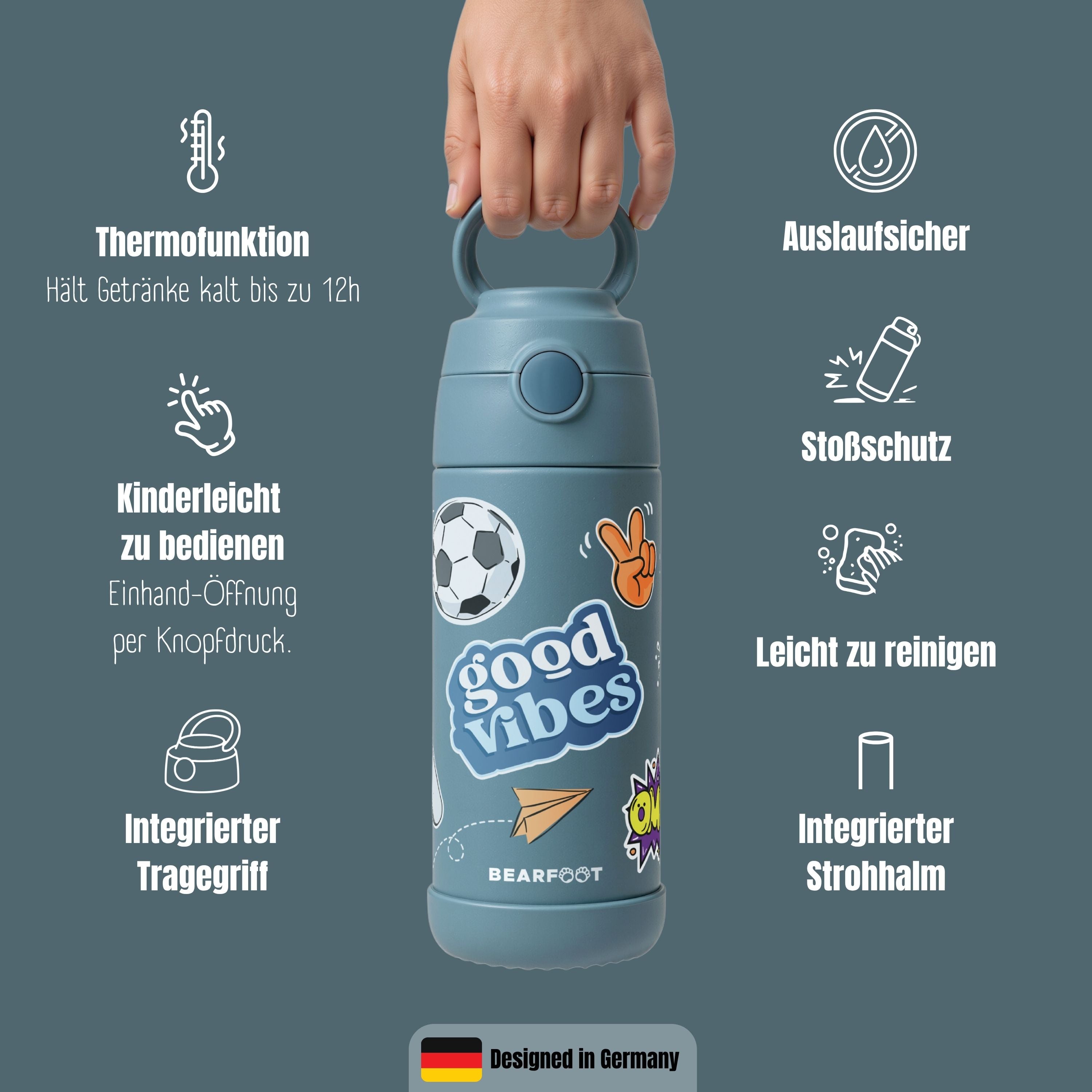 Thermo Kinder Trinkflasche Edelstahl - Sticker blau
