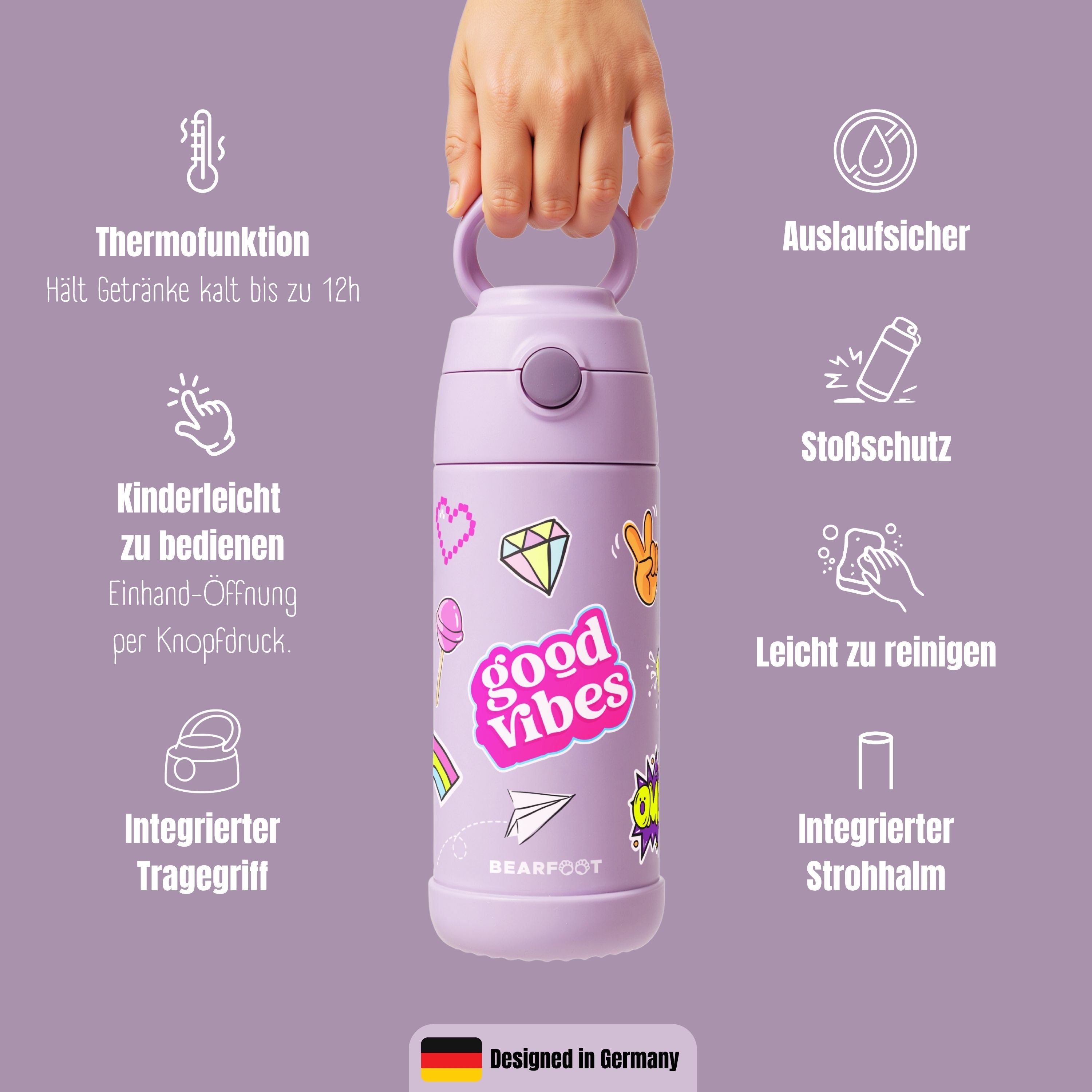 Thermo Kinder Trinkflasche Edelstahl - Sticker lila