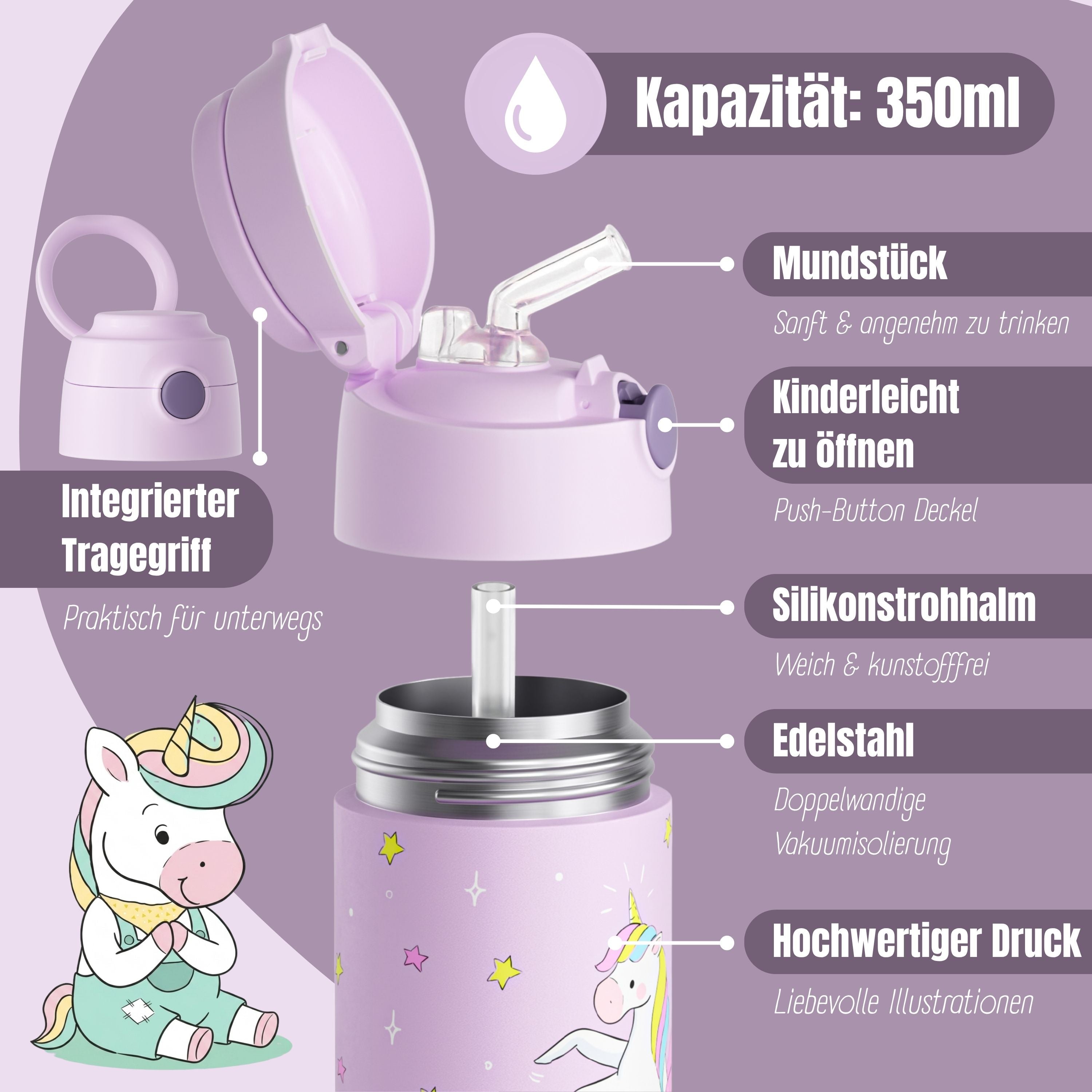 Thermo Kinder Trinkflasche Edelstahl - Einhorn lila