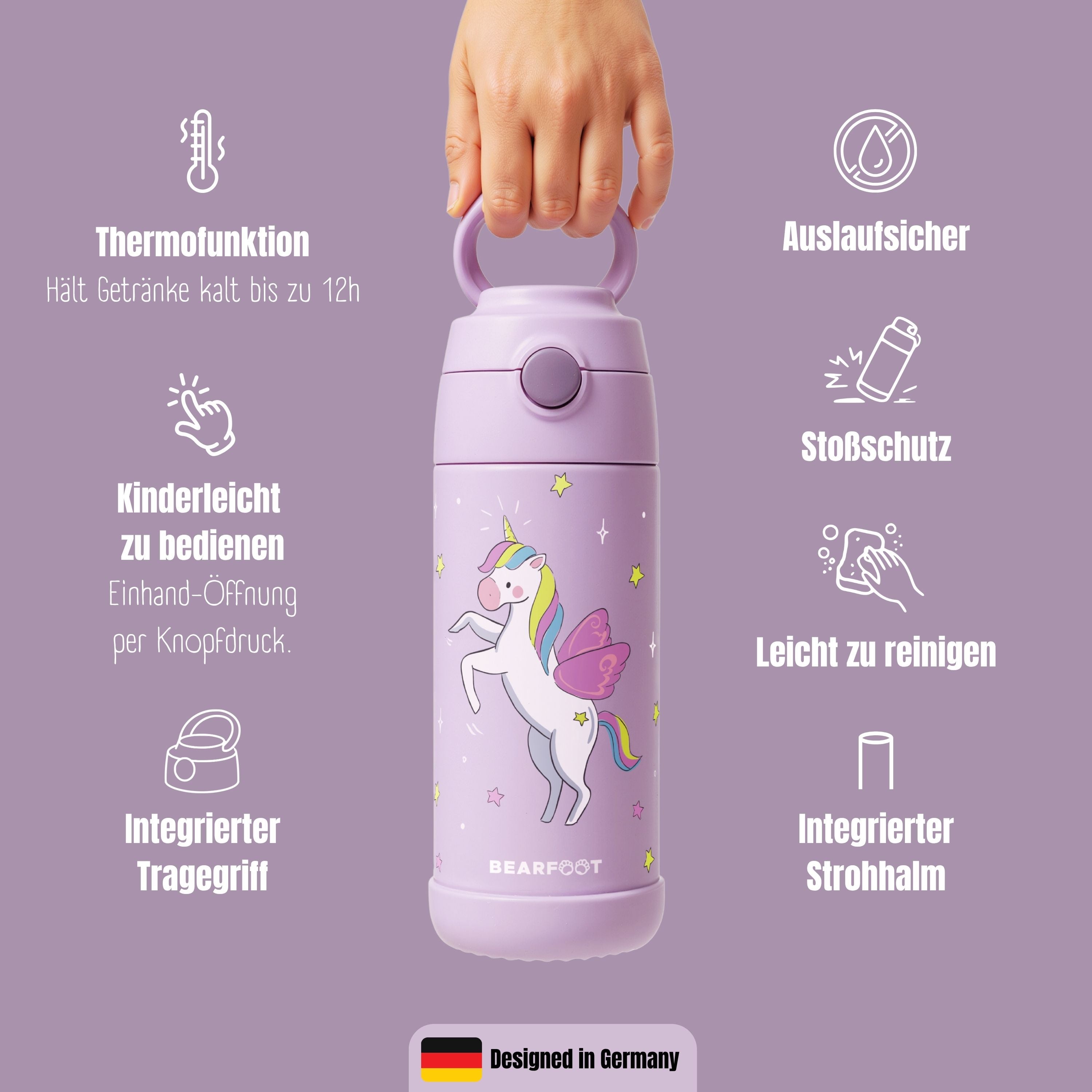 Thermo Kinder Trinkflasche Edelstahl - Einhorn lila