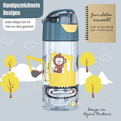 Trinkflasche Kinder, leichte Wasserflasche - Bagger &amp; Affe