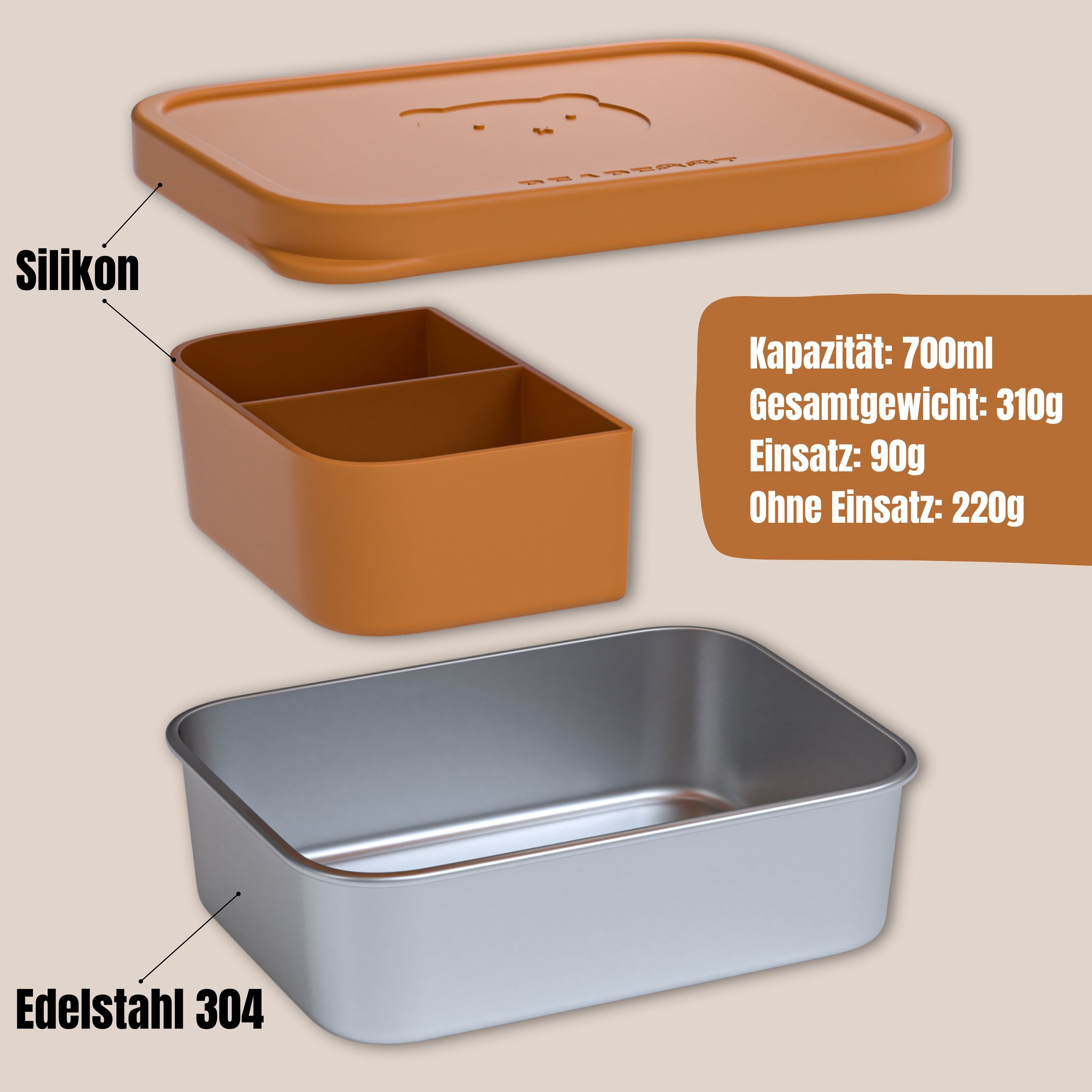 Brotdose Kinder Edelstahl mit Silikoneinsatz - Braun