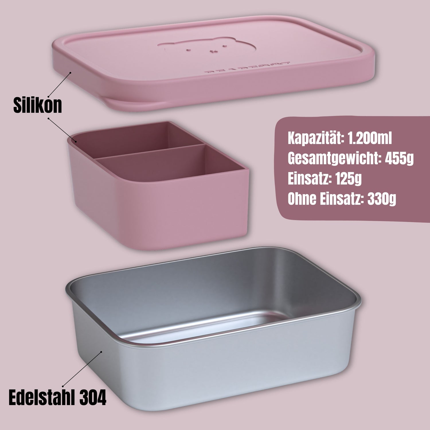 Brotdose Kinder Edelstahl mit Silikoneinsatz - Rosa
